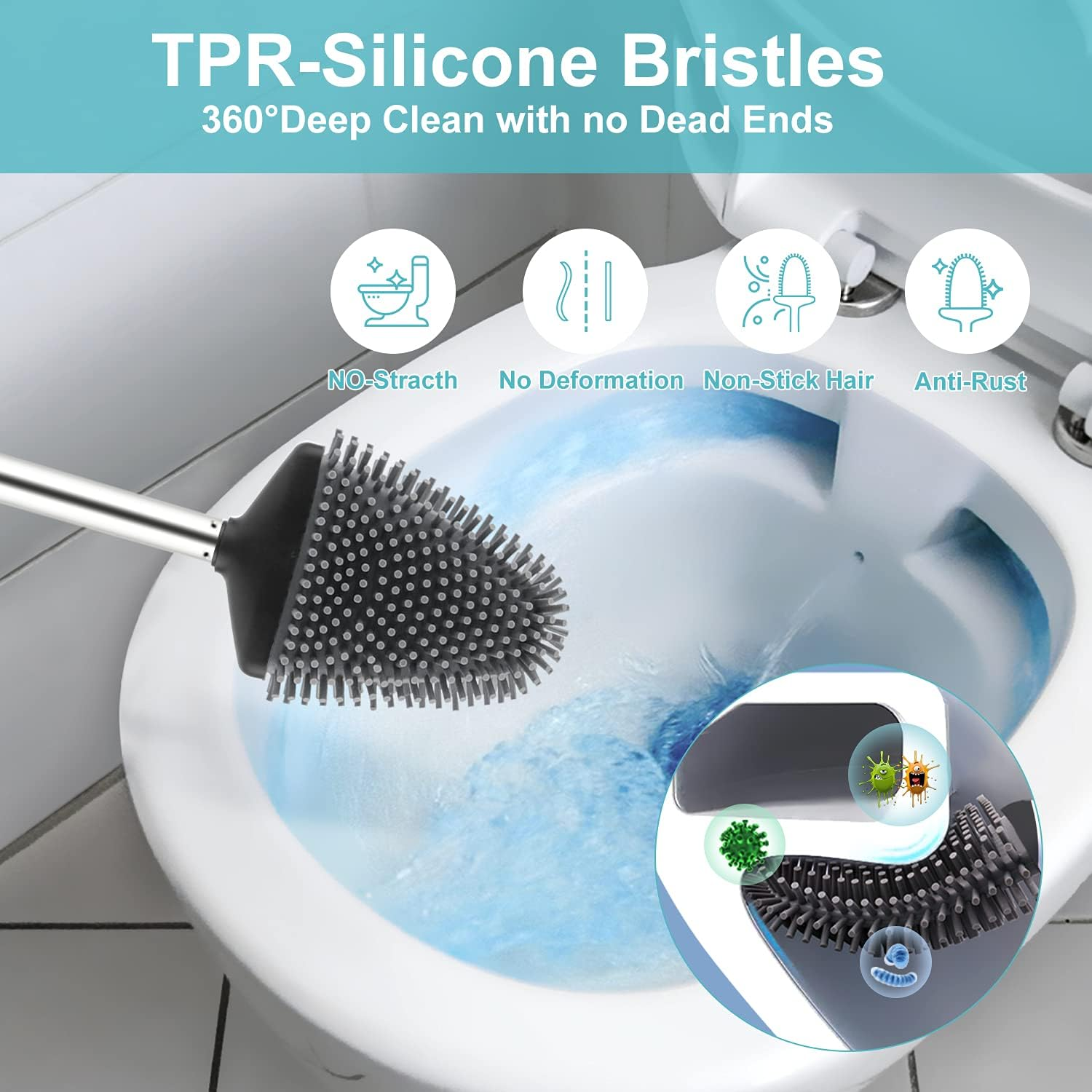 Boperzi Toilet Brush - Silicone Toilet Brush and Holder with Tweezer Wall Mounted, anti Rust Soft Bristles Toilet Bowl Cleaner Brush with Stainless Steel Handle for Bathroom Household Flat Black - Flat/White image number 3