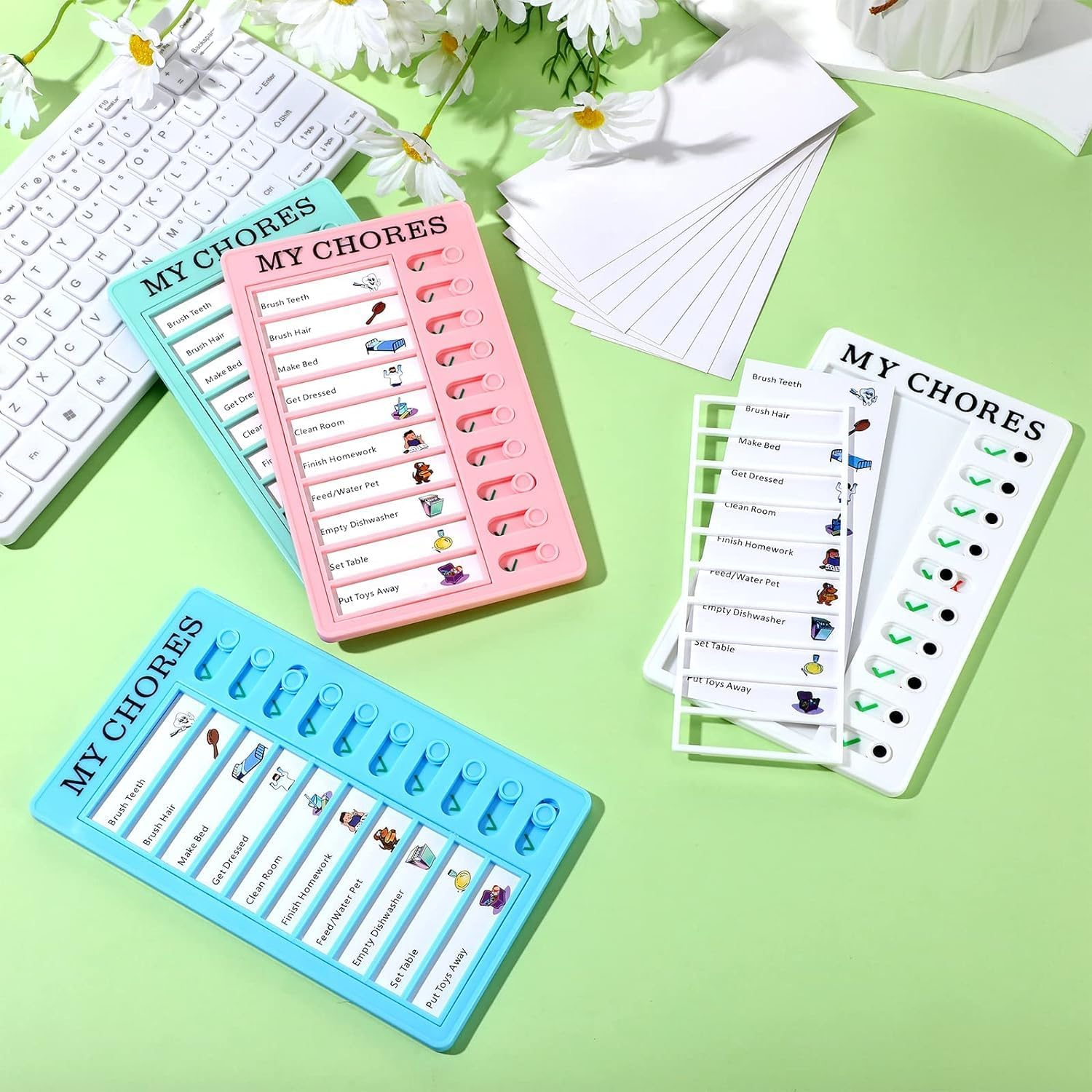 4 Pcs Blank Chore Chart Kids Chore Chart, Plastic Checklist Board with 8 Detachable Cardstock to Do List for Home Routine Planning (My Chores)