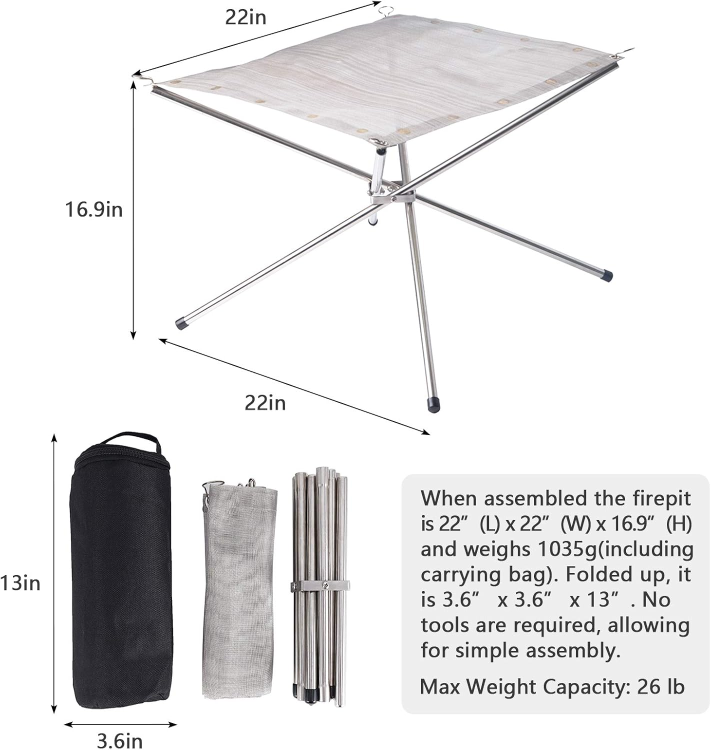 22 Inch Portable Outdoor Fire Pit, Collapsing Steel Mesh Fireplace - Perfect for Camping, Backyard and Garden - Carrying Bag Included image number 3