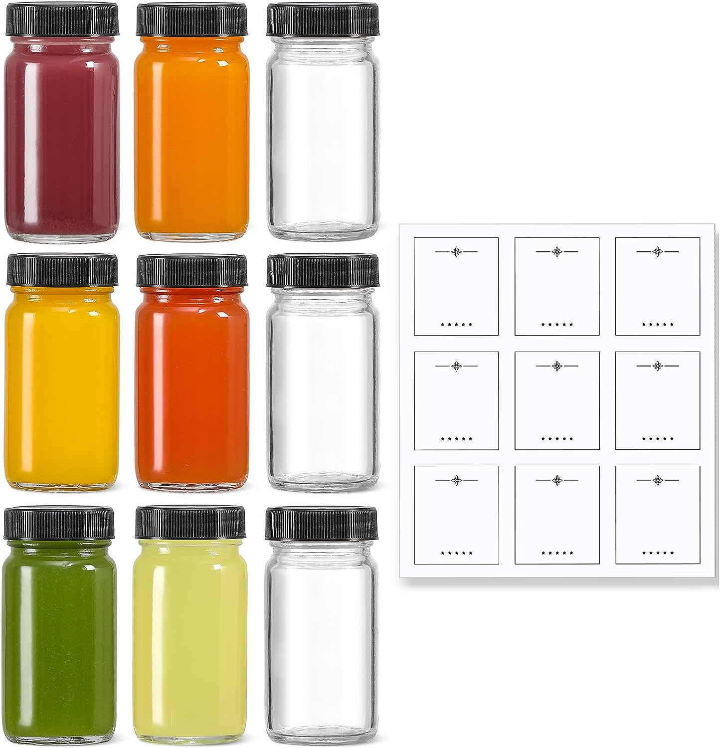 15 Pack 2 Oz Glass Shot Mini Bottles W/ Black Lids & 15 Labels - Small Clear Jar for Ginger, Wellness Shot, Juice, Sample, Whiskey - Travel Essentials - Wide Mouth, Leakproof, Dishwasher Safe