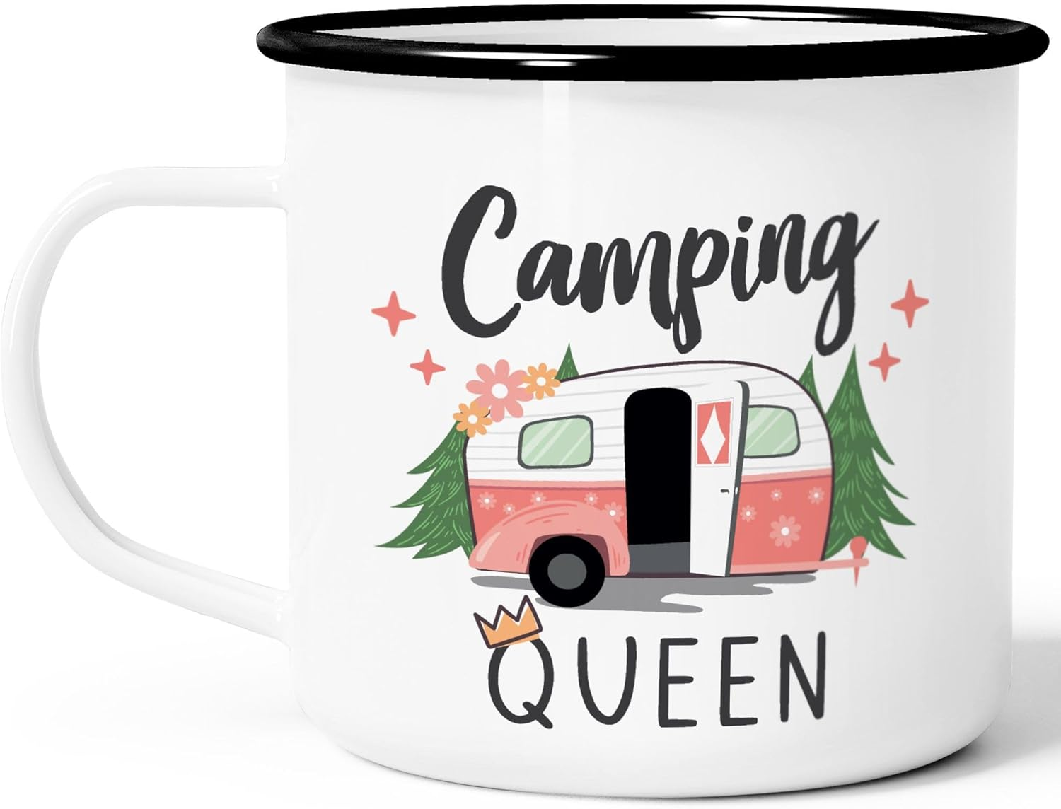Moonworks&reg; Enamel Mug Camping Queen King Caravan Gift Camper Camping Holiday Accessories Queen Enamel White Black Standard image number 3