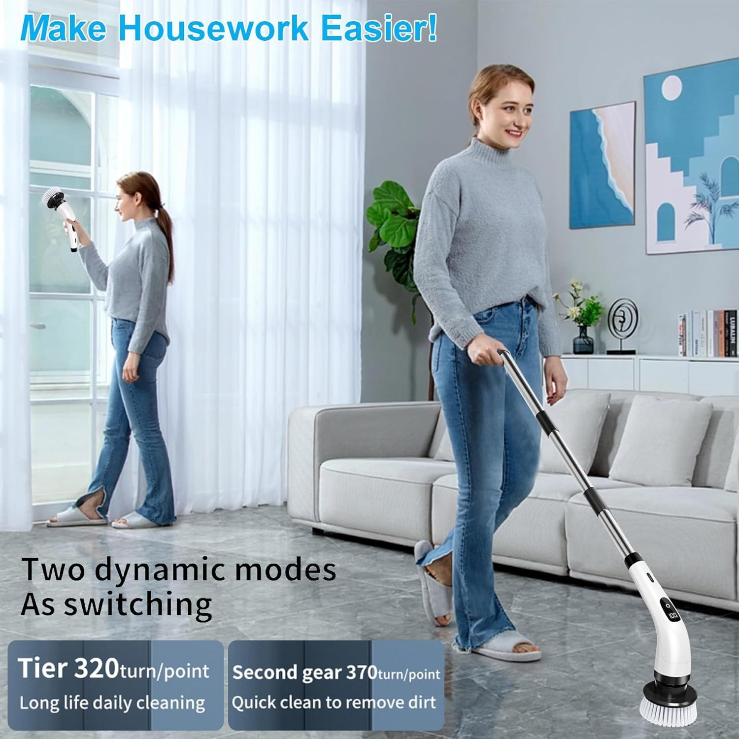 Electric Spin Scrubber Cordless - Lightweight Bathroom Cleaning Brush Scrubber with 6 Replaceable Brush Heads, Power Scrubber with 3 Speeds Tub and LED Display, 4000Mah (Classic White) - Classic White image number 3