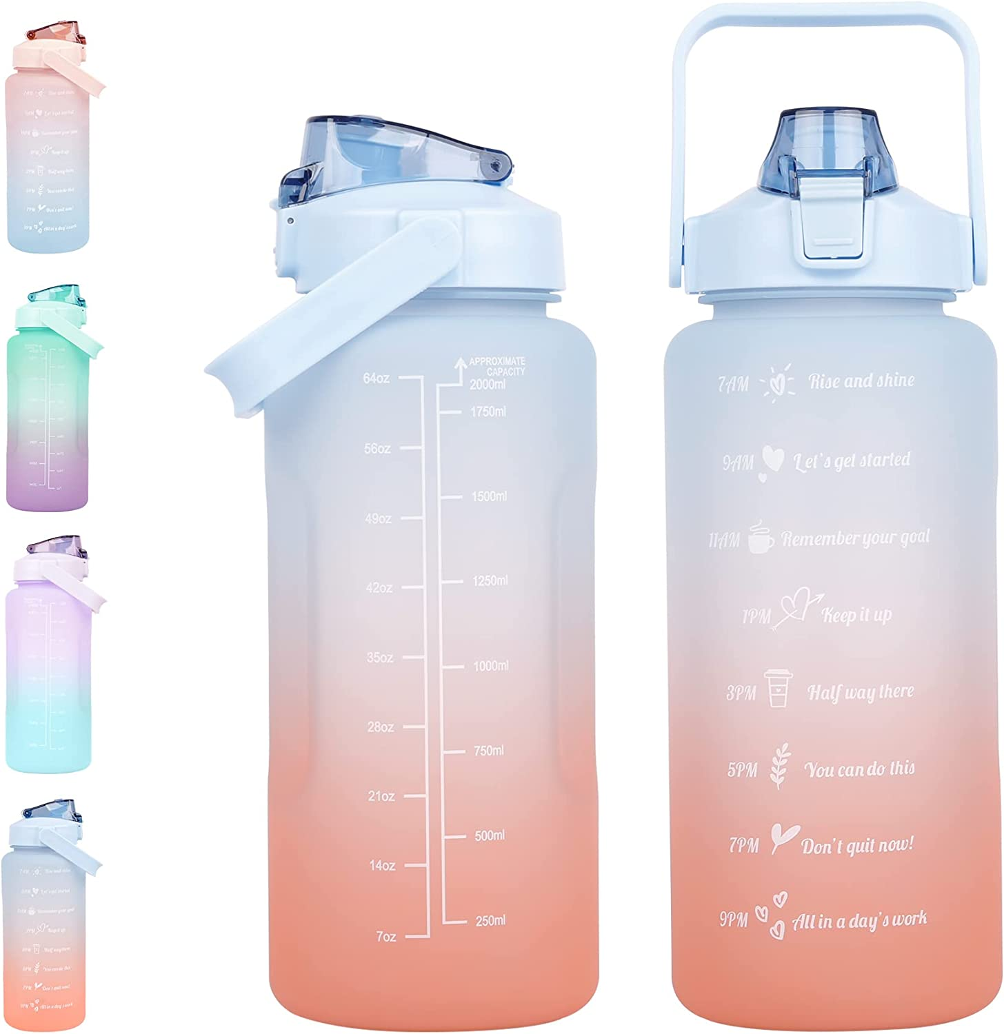 Water Bottle, Koncle Motivational Water Bottle, Large Capacity Drinking Bottle with Time Straw & Marker, Reusable Leakproof Water Jug,2L Blue and Orange