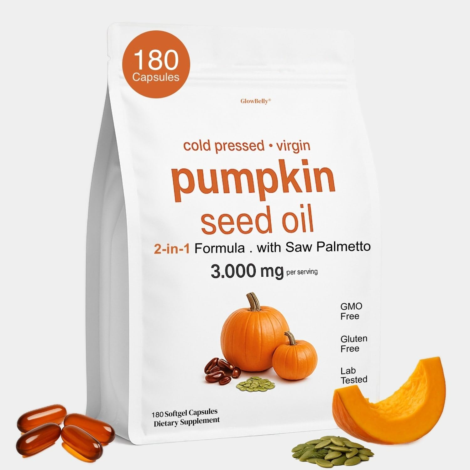 Pumpkin Seed Oil + Saw Palmetto | Cold Pressed Virgin Oil 3000Mg | Non-Gmo, Gluten-Free, Dairy-Free | 180 Softgels by Glowbelly image number 3