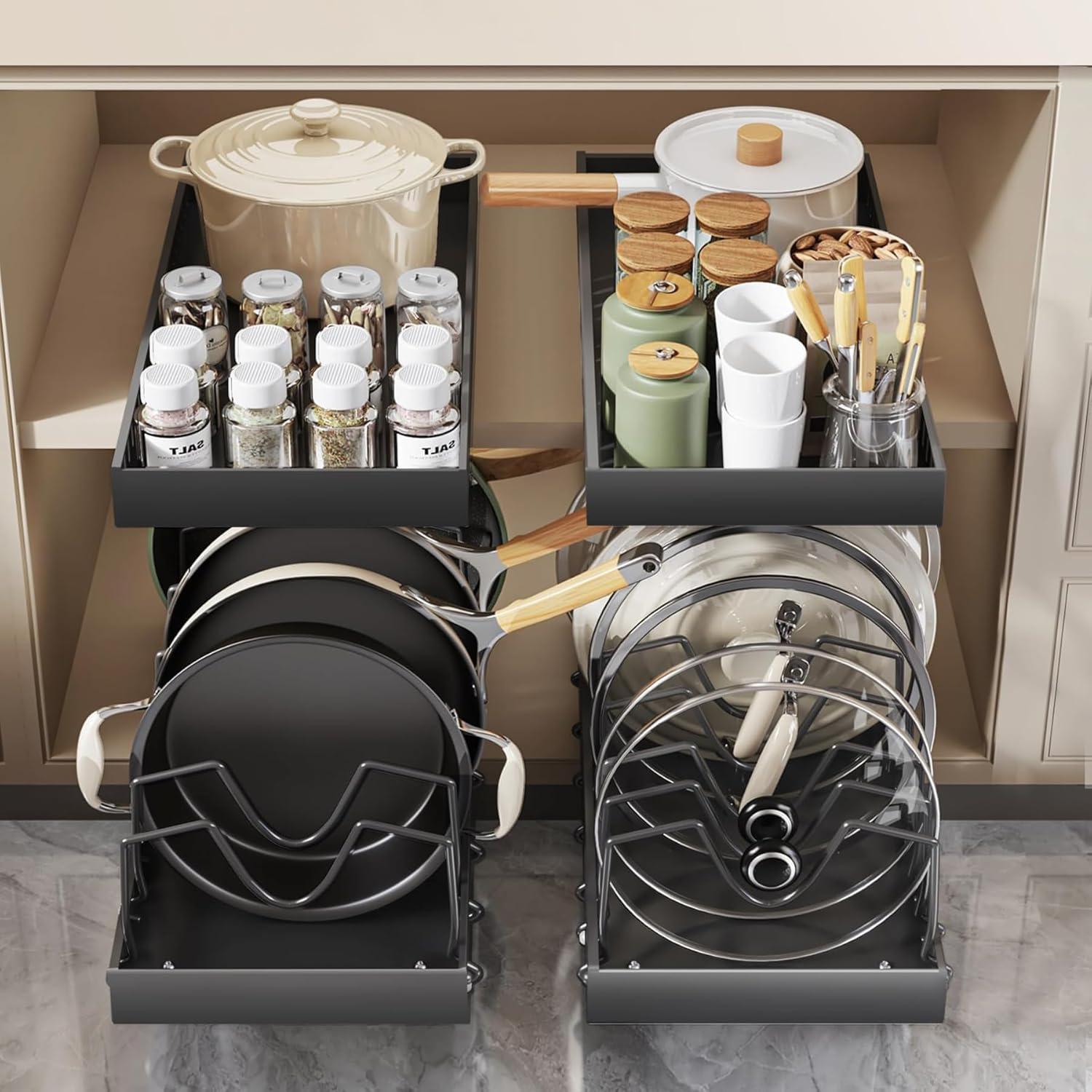 FORYUSE 2 Pack Pull Out Pots and Pans Organiser under Cabinet Sliding Lid Holder Rack Slide Out Bakeware Dishes inside Cabinet Kitchen Storage 8 Adjustable Dividers image number 5