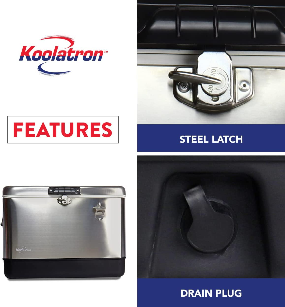 Koolatronstainless Steel Ice Chest Beverage Cooler with Bottle Opener, 51 L (54 Qt), 85 Can Capacity Portable Cooler, Silver and Black, for Camping, Beach, RV, Bbqs, Tailgating, Fishing image number 4