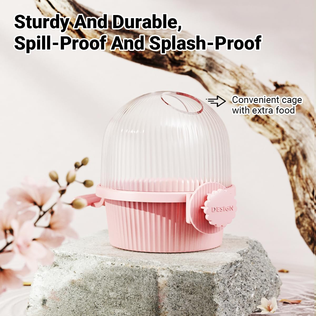 AIMALL Bird Feeder Food and Water Dispenser 5.43X6.5X4.92In Plastic Feeding Cup for Budgerigar Parrot Pigeon Lovebird, Automatic Bird Food Container Pink Yellow Colour