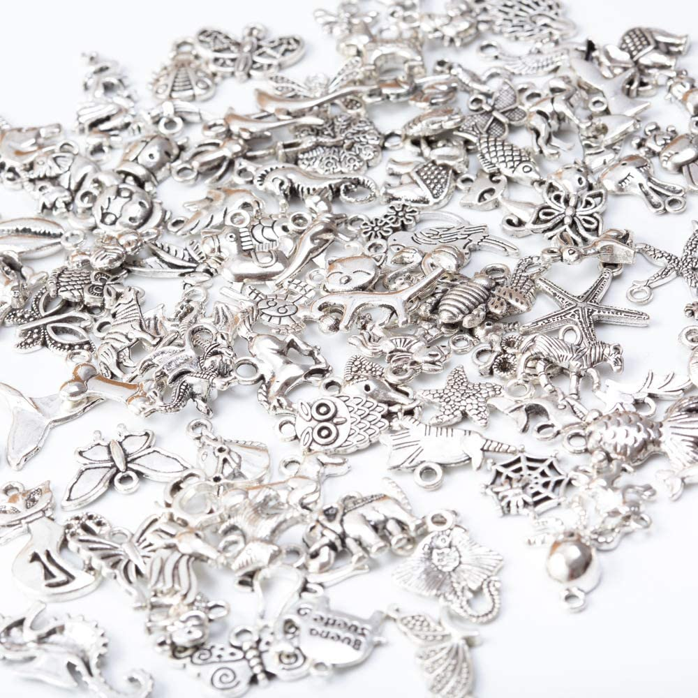 100 PCS Craft Supplies Small Antique Silver Charms Pendants, Mixed Smooth Tibetan Silver Metal Charms Pendants for Crafting Jewelry Findings Making Accessory for DIY Necklace Bracelet image number 2