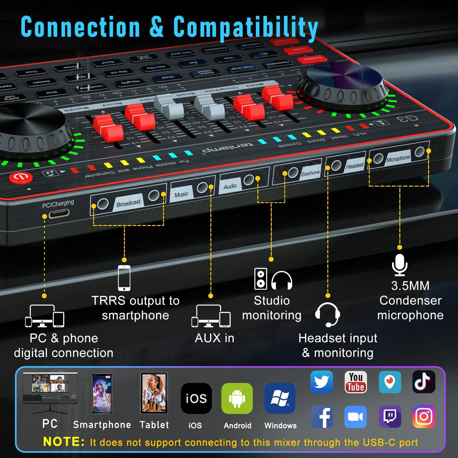 Tenlamp Audio Mixer Kit, G3 Live Sound Card & Studio Recording Microphone, Audio Interface Voice Changer, USB DIGITAL Podcast Equipment Bundle for Streaming/Singing/Gaming on Phone or PC image number 2