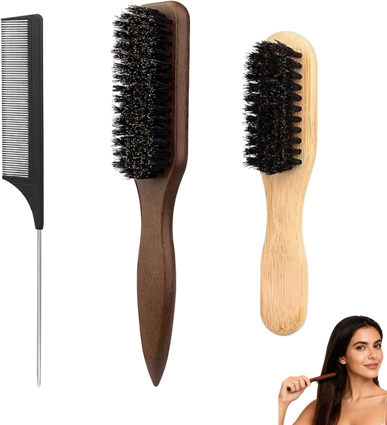 3 Pack Boar Bristle Hair Brush Set,Brown Beard Brushes+ Small + Black Steel Needle Combs, Anti-Static Wooden Handle Brushes for Men and Women, for Hair and Beard Care image number 4