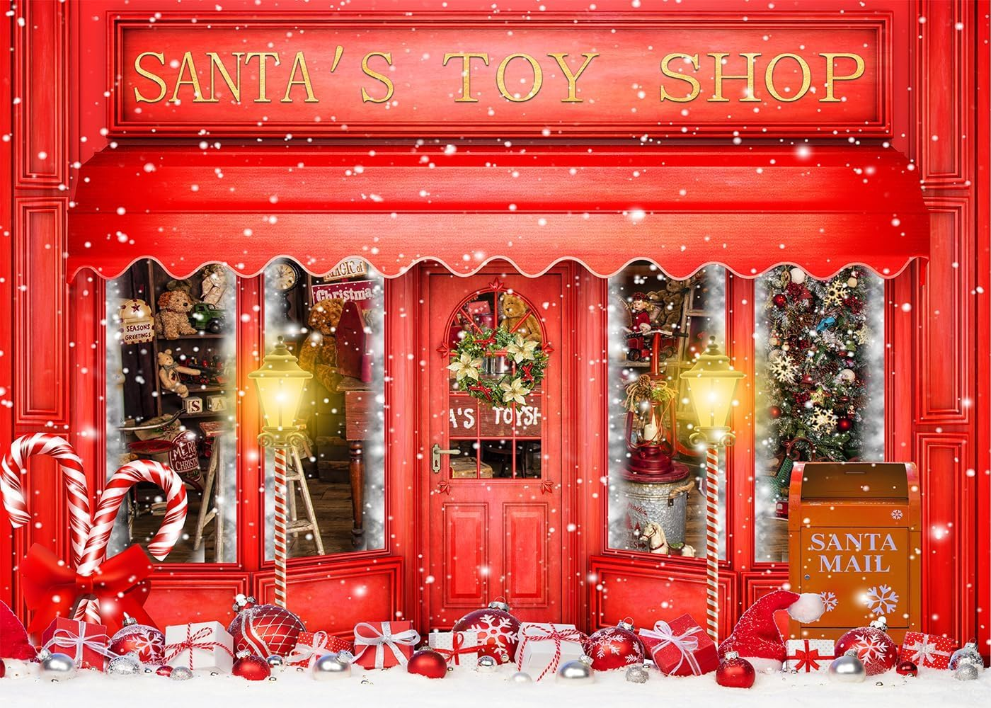 Red Christmas Photo Backdrop Santa'S Toy Shop Candy Cane in Snow World Xmas Family Holiday Party Banner Photography Background Supplies Decor Studio Prop PGT673B 9X6Ft image number 2