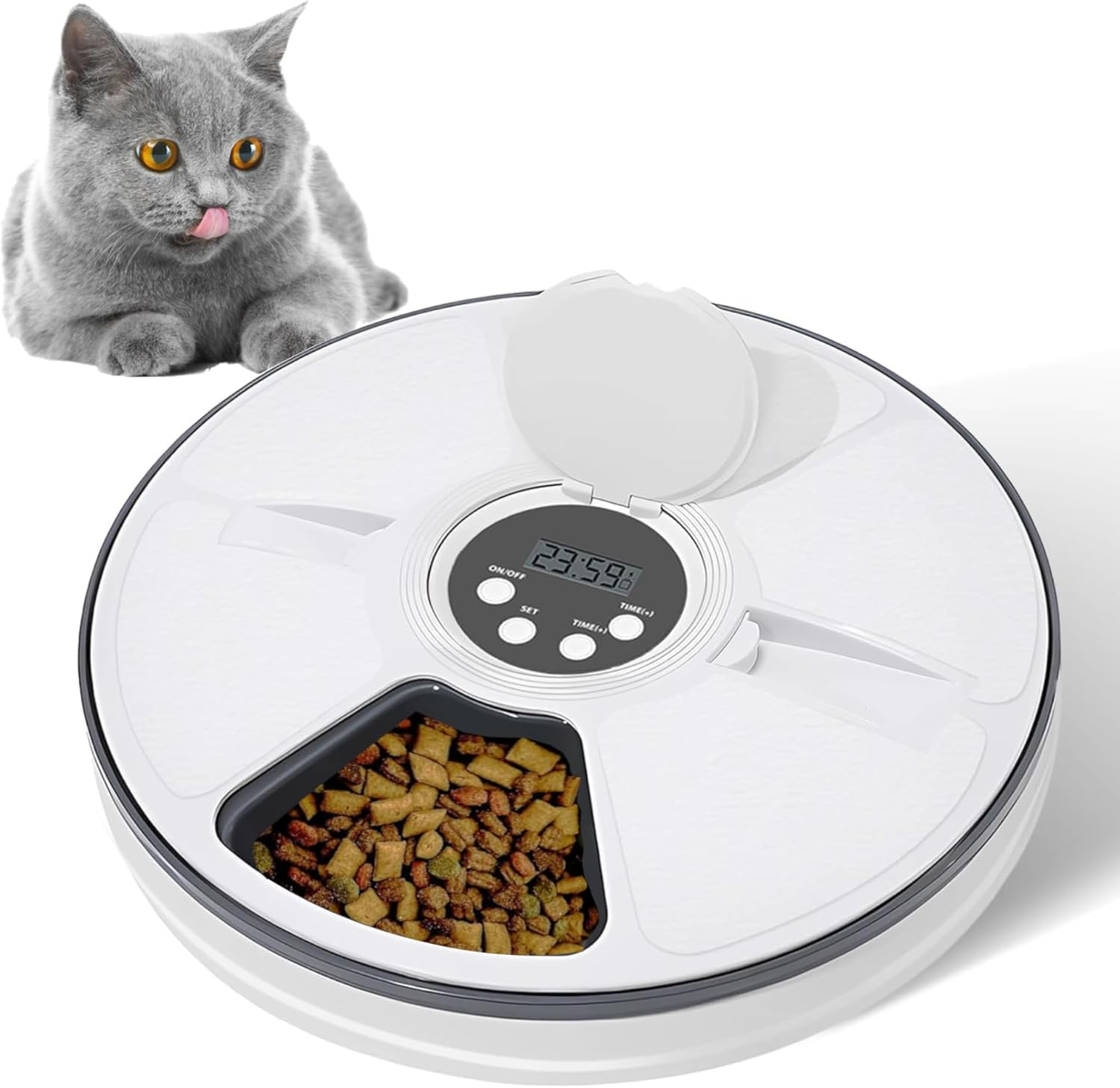Gyugmhao 6 Meal Automatic Cat Feeder with LED Digital Timer,Wet and Dry Timed Food Dispenser for Pet Cat and Small Dog, 768 Ml Capacity with 128Ml Compartments for Portion Control