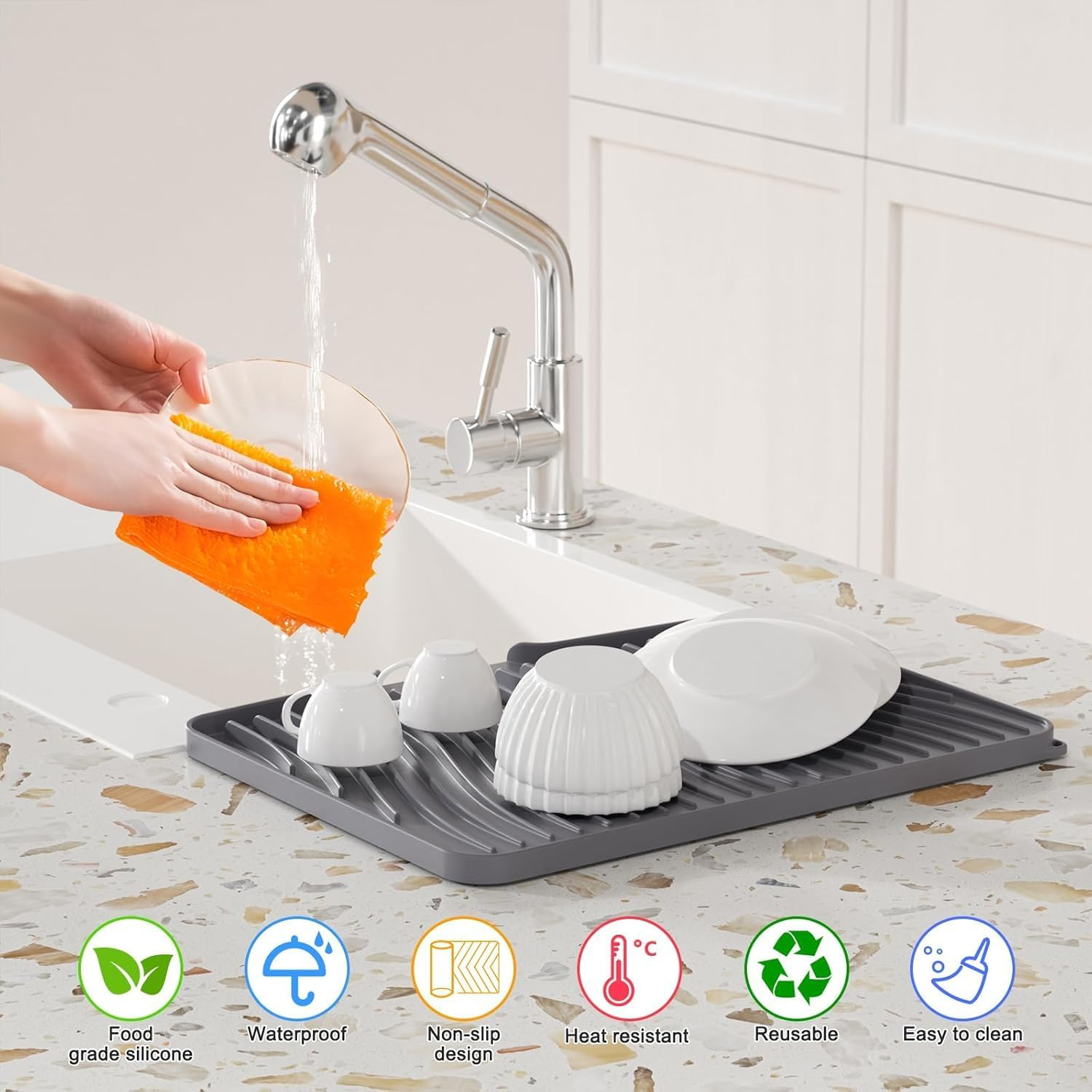 Silicone Dish Drying Mat,Foldable Sloped Silicone Draining Mat with Drain Lip for Kitchen Counter,Multifunctional Non-Slip Drain Pad,Heat-Proof Sturdy Compact Easy to Clean Tray(Grey) image number 6