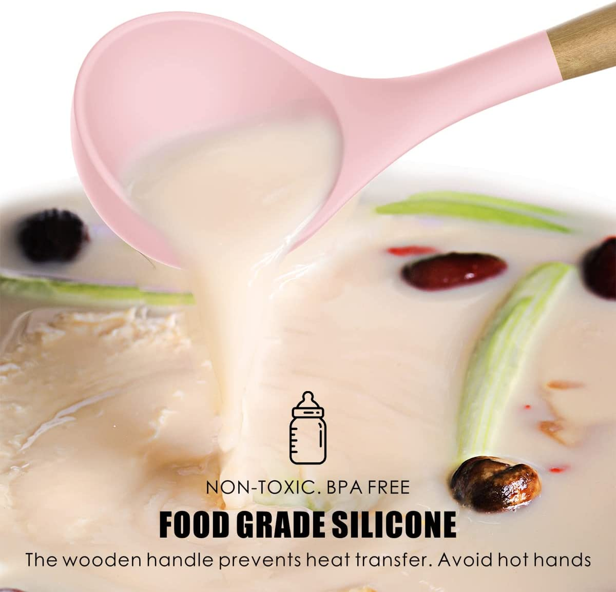 Silicone Kitchen Utensils Set - 446&deg;F Heat Resistant Cooking Utensil Sets, Spatula,Turner,Tongs,Spoon,Brush,Whisk, Wooden Handle Silicone Kitchen Gadgets Tools for Non-Stick Cookware BPA Free (Pink)