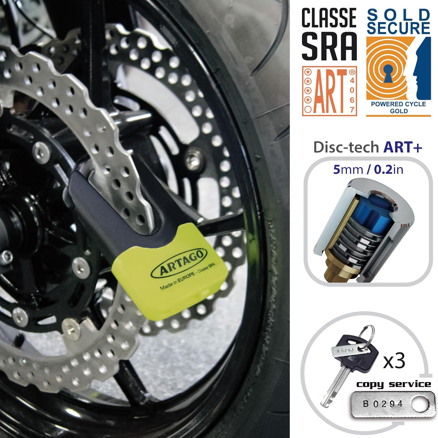Artago 69X State-Of-The-Art Motorcycle Disc Lock plus Deterrent, SRA, Sold Secure & ART4 Approved, Bunker Selection, Maximum Resistance Tested MONOBLOK Forged Steel Body, anti Theft Wheel Brake Lock image number 1