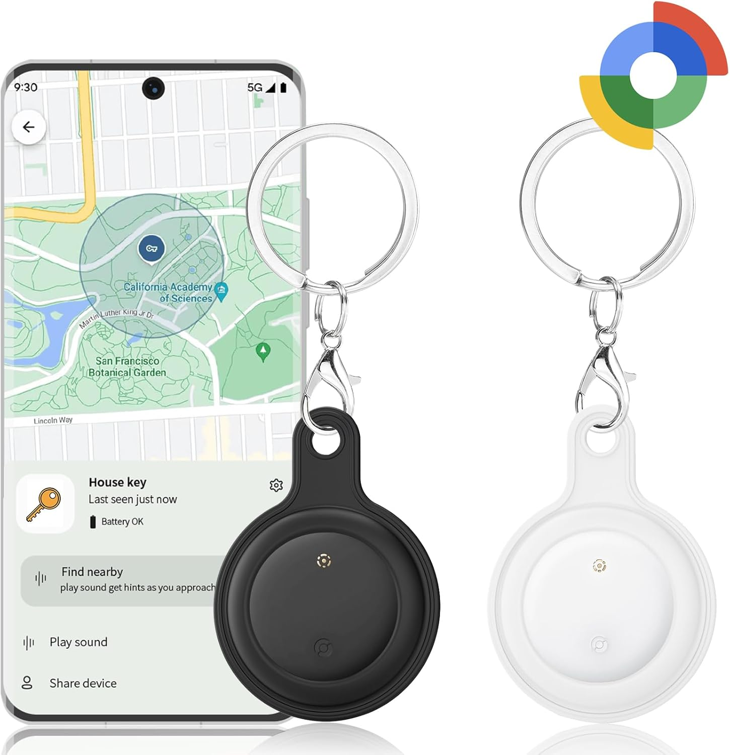 [2 Pack Android Tracking Tag] Bluetooth Tracker for Android Phones. Google Certified Item Locator, Smart Tag for Google Find My Device App. Finder for Keys, Luggage, Suitcase, Backpack-Black+White