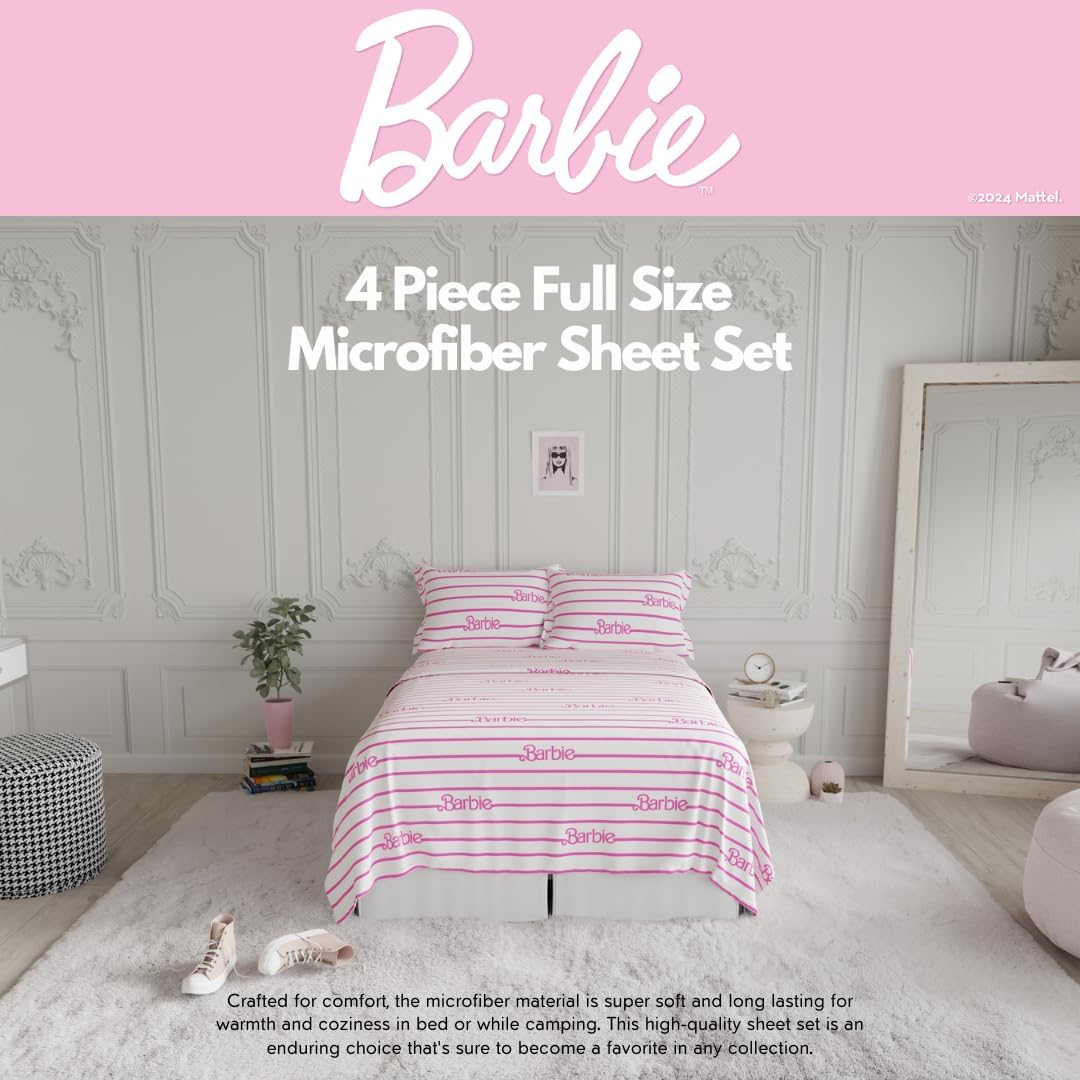 Franco Collectibles Barbie Logo Bedding Super Soft Cozy Microfiber 4 Piece Full Sheet Set, (Officially Licensed Product) image number 3