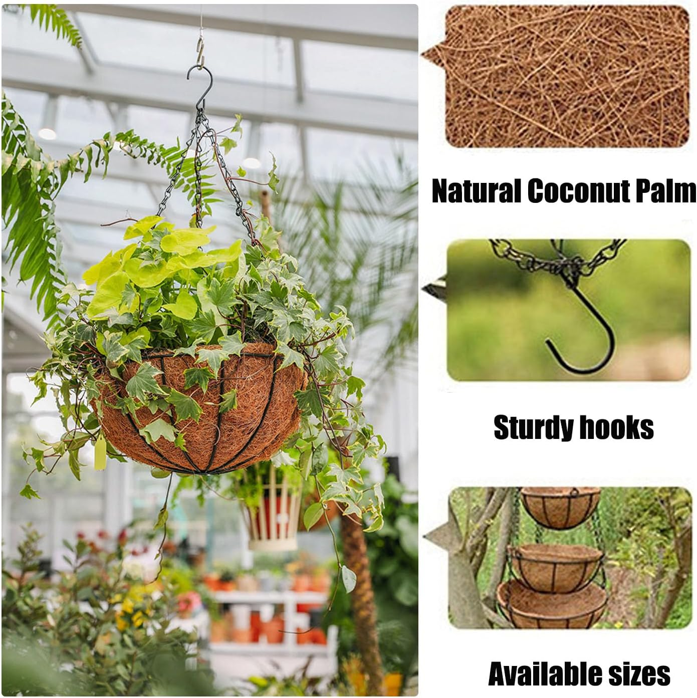 Outdoor Baskets for Plants, Wrought Iron Hanging Basket, 8/12 Inch Flower Basket for Hanging with Insert, Flower Pot Plant Holder, round Plant Holder for Wall, Window (12 Inch) image number 3