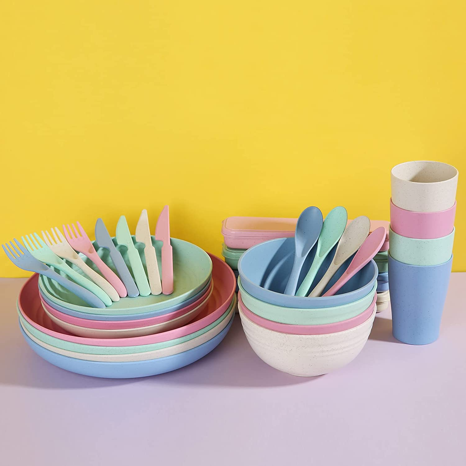 Wheat Straw Dinnerware Sets for 4 - Lightweight & Unbreakable Dishes - Microwave & Dishwasher Safe - Perfect for Camping, Picnic, RV, Dorm - Plates, Cups and Bowls - Great for Kids & Adults Brittany image number 1