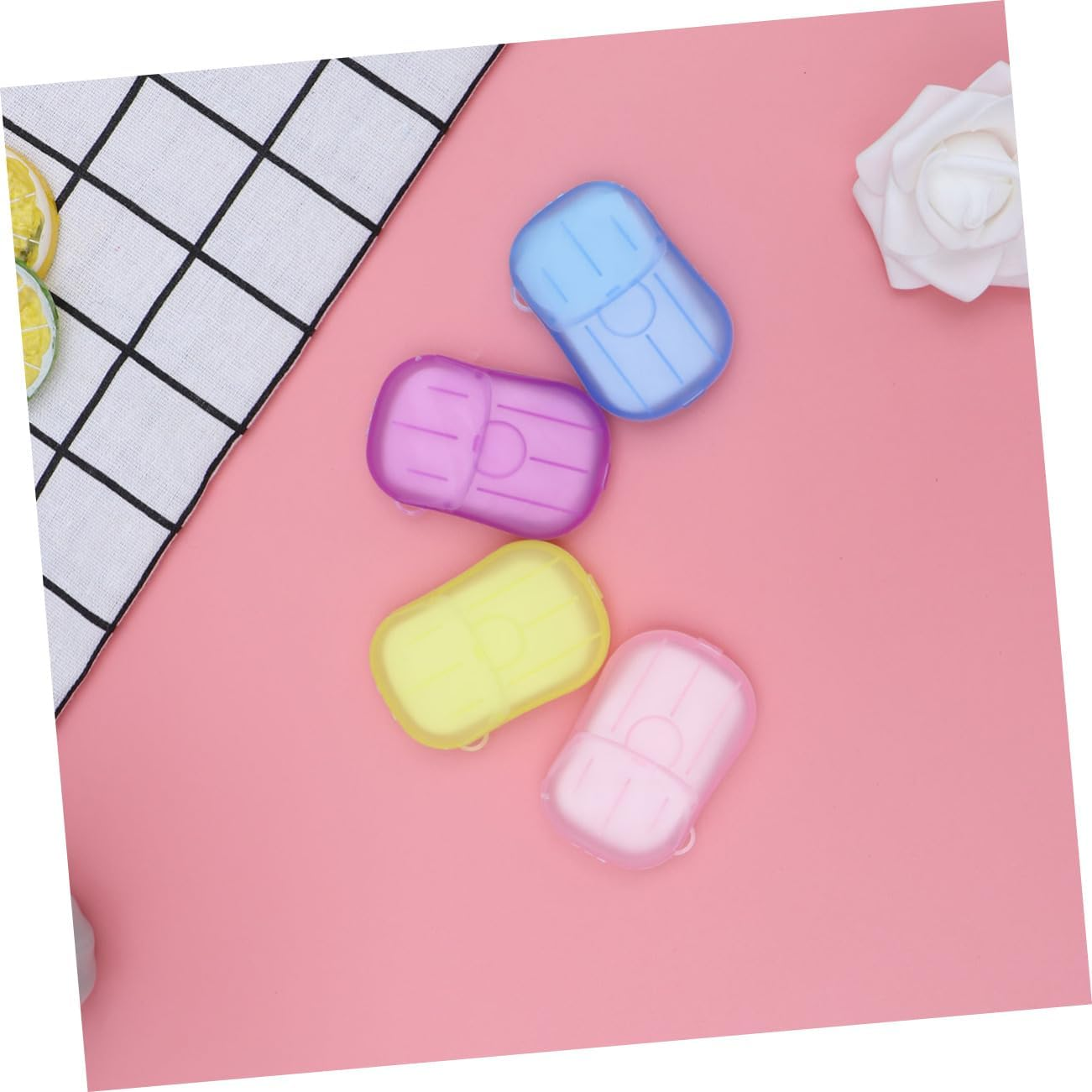 NAMOARLY 8Pcs Boxed Travel Soap Sheets Portable Hand Washing Tablets Paper Soap Flakes Safe for Face Hand Wash Compact Plastic Box for Outdoor Activities Color image number 3