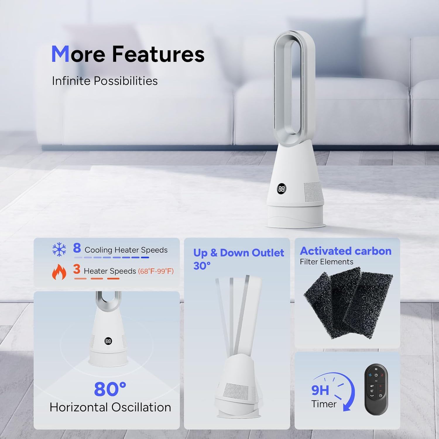 Bladeless Heater Fan, 25Inch Heating & Cooling & Filter Combo Tower Fan 80&deg; Oscillating, 9H Timer, 8 Speeds, Portable Quiet for Indoor, Bedroom, Home Office Room image number 5