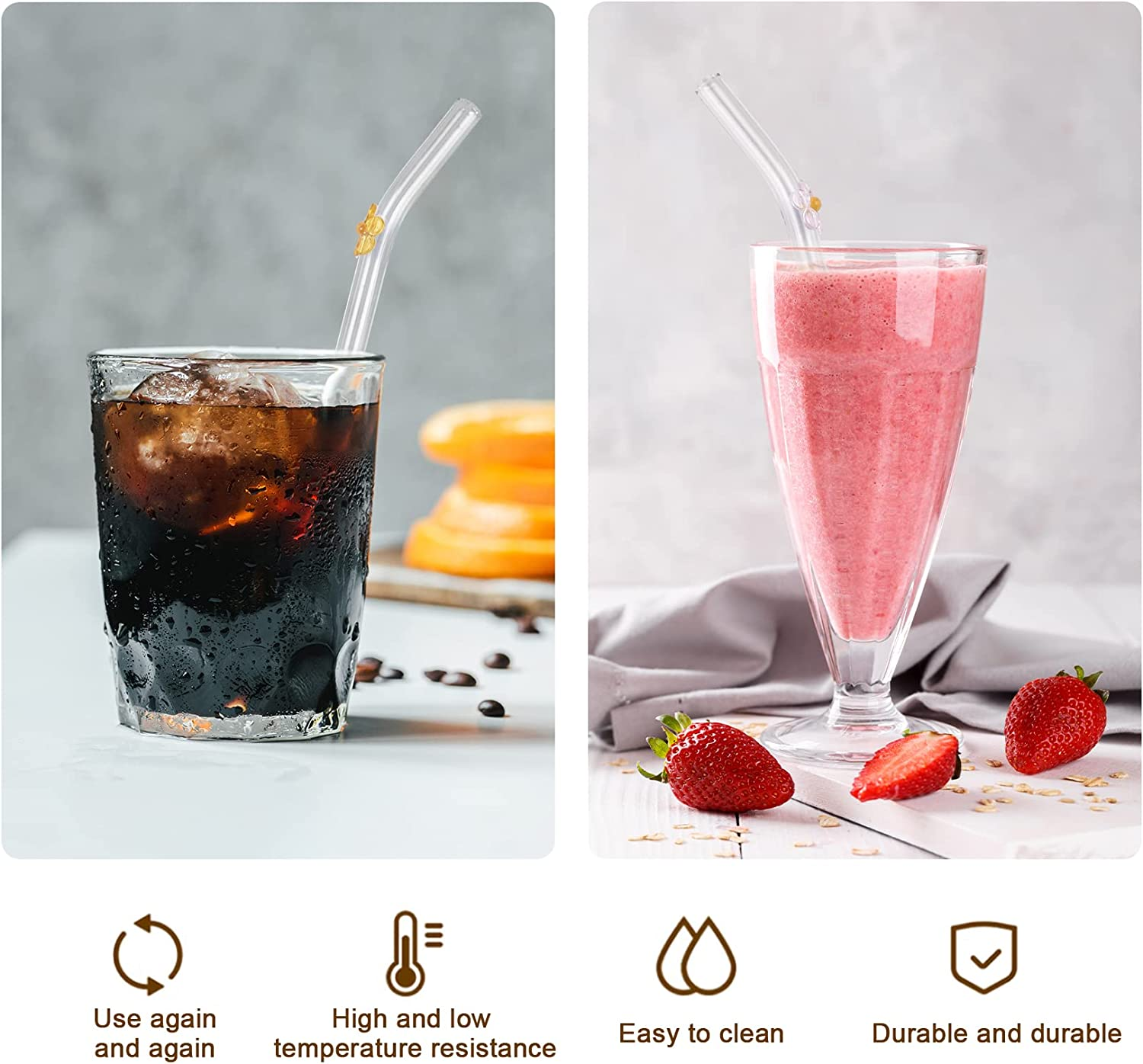 DUMING-IN 6 Pcs Reusable Glass Straws with 2 Cleaning Brushes, Cute Colorful Flower Glass Straw Shatter Resistant, Reusable Straws Dishwasher Safe for Smoothies, Milkshakes, Juices, Teas image number 4