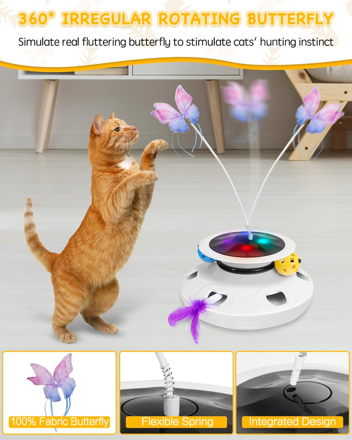 Interactive Cat Toy, [3 in 1] Automatic Rotating Butterfly & Moving Feather Hide Seek Mouse Holes with Exercise Track Balls Refills for Indoor Kitten image number 1