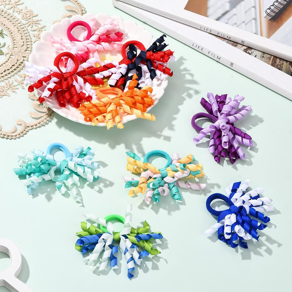SOFPLATE Pack of 18 9 Colours Curling Bands Hair Bows Colourful Hair Bands Bows Rainbow Corker Elastic Polyester Bow Boutique Curls Ponytail Holder Accessories for Short Long Hairstyle DIY Decoration image number 5