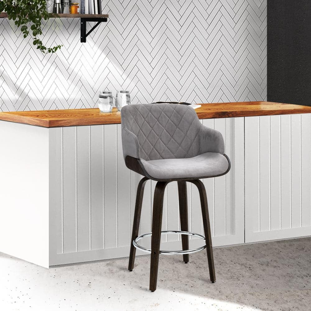 Artiss Bar Stools Stool Swivel Kitchen Counter Barstools Dining Chair Chairs Grey Velvet Fabric in 70Cm Seat Height Floor Set for Home Dining Room Cafe Outdoor Indoor