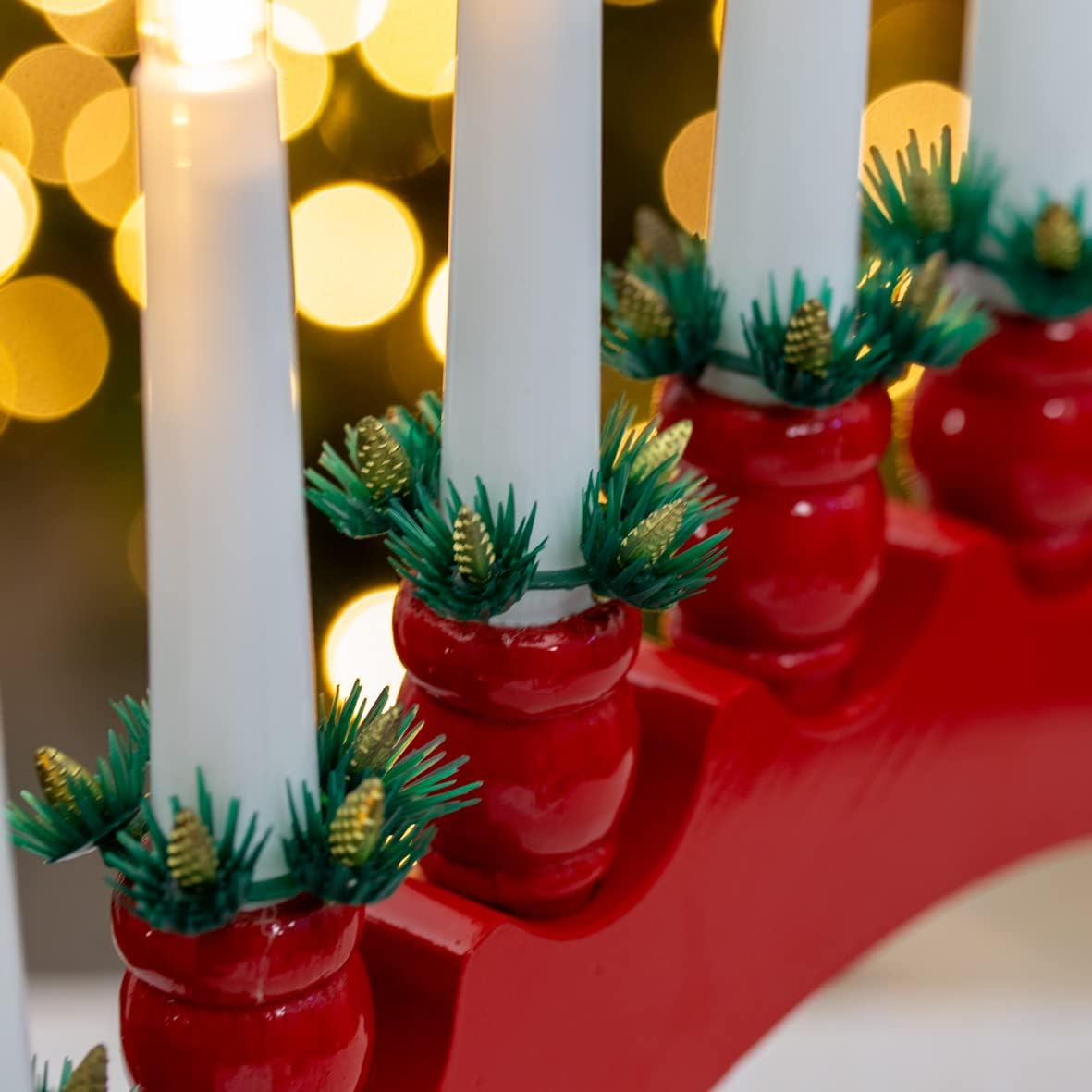The Christmas Workshop 71169 Red Arched Wooden Candle Bridge with Candle Holders / 10 Warm White Leds/Indoor Christmas Decoration / 48Cm X 34.5Cm X 5Cm / Battery Powered
