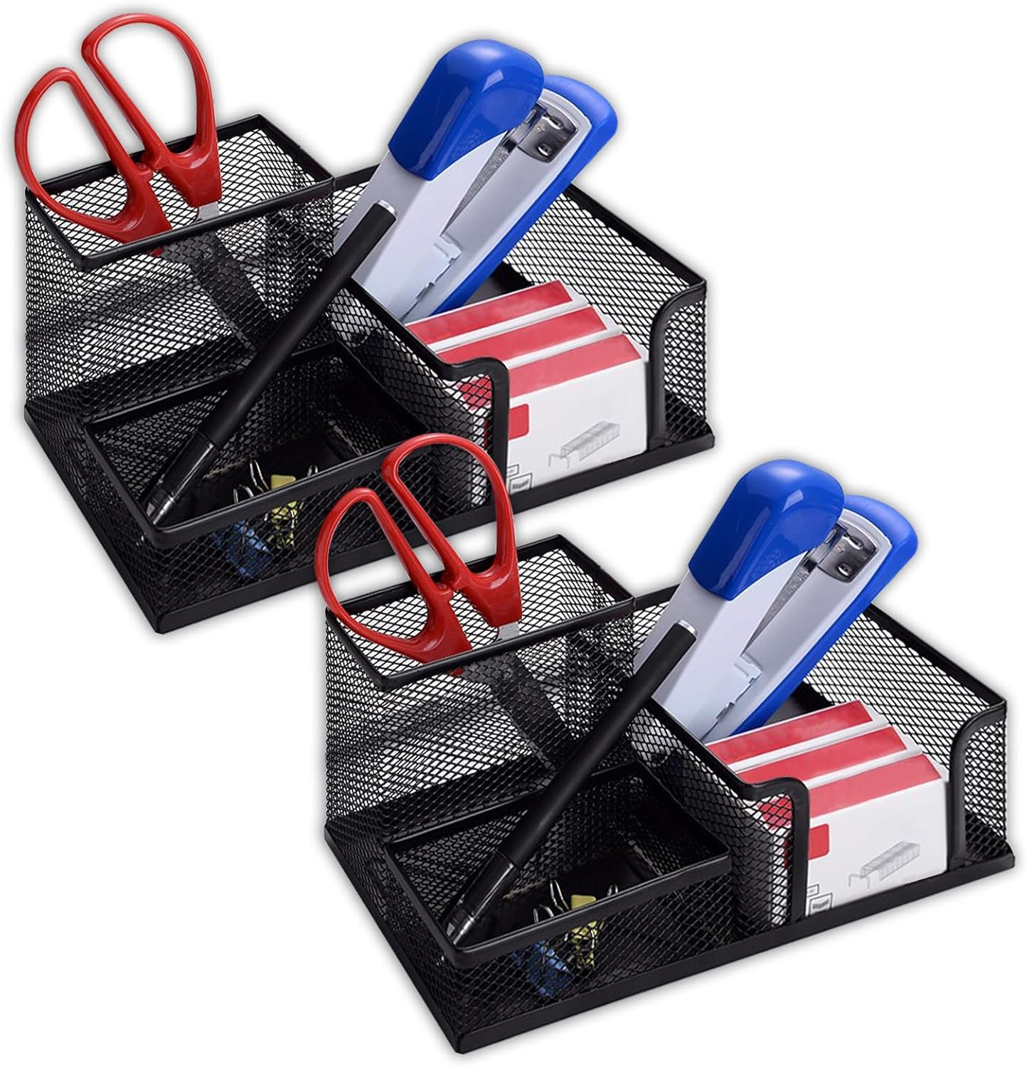 ASTIMESA 2 Pcs Mesh Pencil Holder for Desk with 3 Compartments, Office Desktop Organizer Pencil Cup Caddy for Stationery Marker Storage School Home Supplies（Black） image number 6