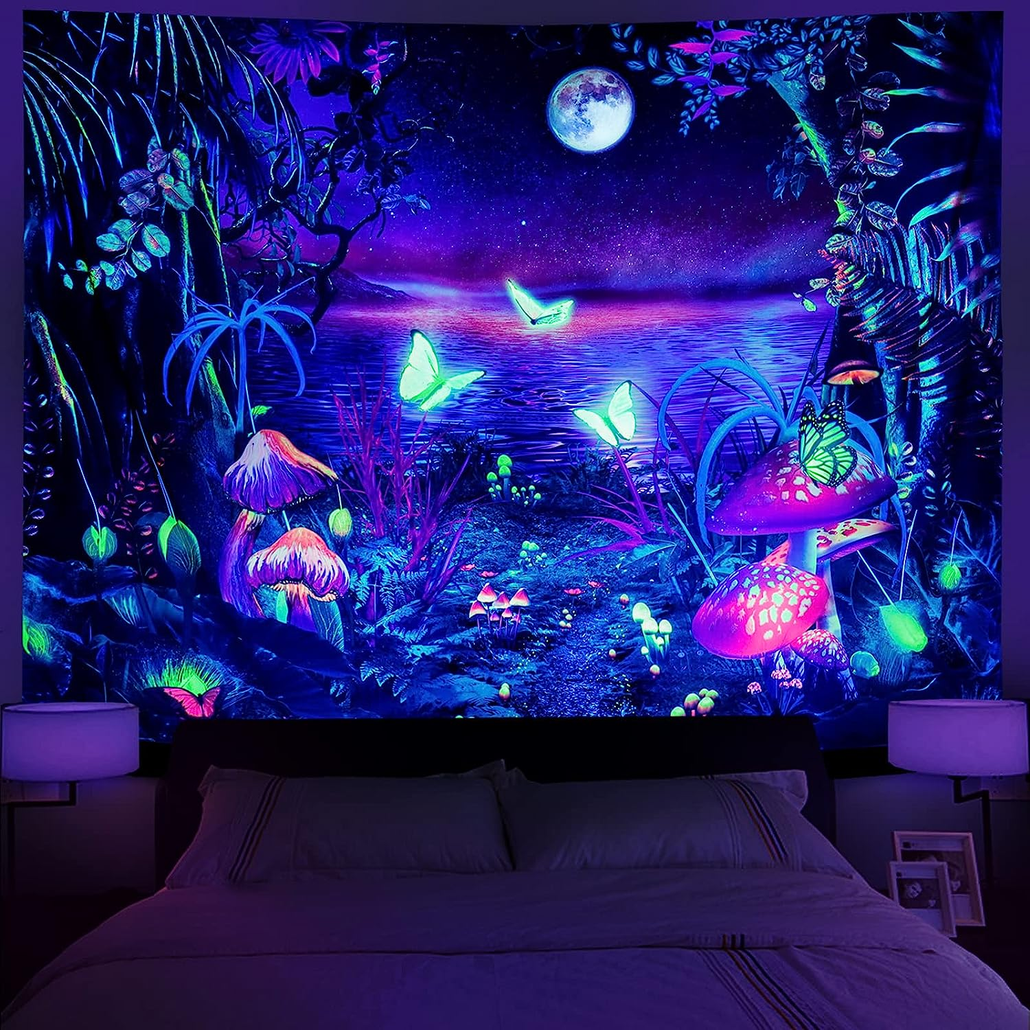 Serborlur Fantasy Forest Tapestry UV Reactive Butterfly Tapestries Galaxy Space Tapestry Wall Hanging for Bedroom Living Room (51.2 &times; 59.1 Inches)