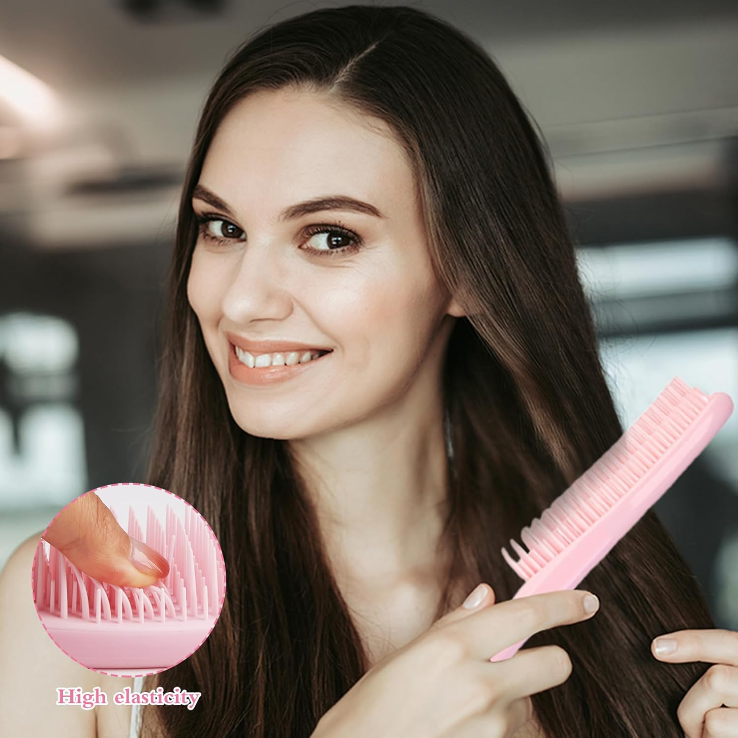 Hair Brush Wet Detangler Hairbrush Curly Hair Brush Defining, Volume Brush for Curly Hair, Detangling Hair Brush Gentle on Wet Hair Two-Tiered Teeth Comfortable Handle Hair Brush for Girl Women(Pink) image number 5