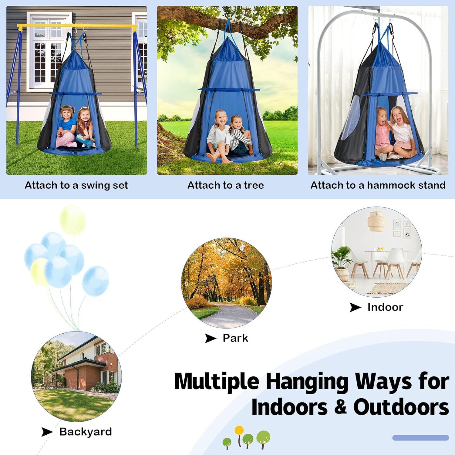 HONEY JOY 100CM Kids Detachable Hanging Chair Swing Tent, 2 in 1 Hammock Nest Pod Hanging Swing Seat, Children Outdoor Indoor Swing Play Tent for Backyard Tree, Max Capacity 150KG (Blue) image number 6