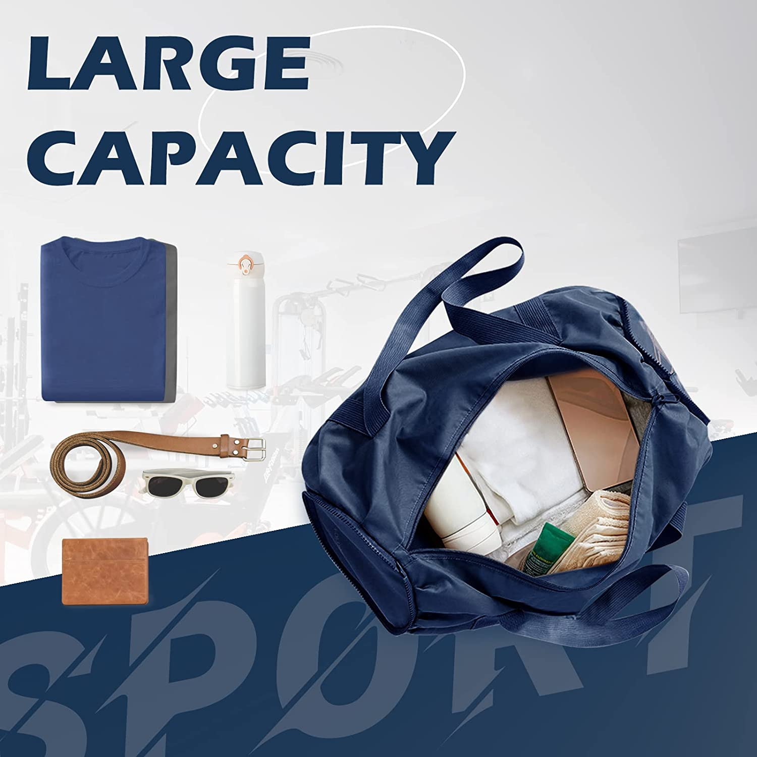 Foldable Sports Gym Bag with Wet Dry Pocket, Ultralight Travel Bag, Large Capacity Duffel Bag, Splash Proof Carry on Bag, Overnight Bag, Weekender Bag for Travel, Beach (Blue)