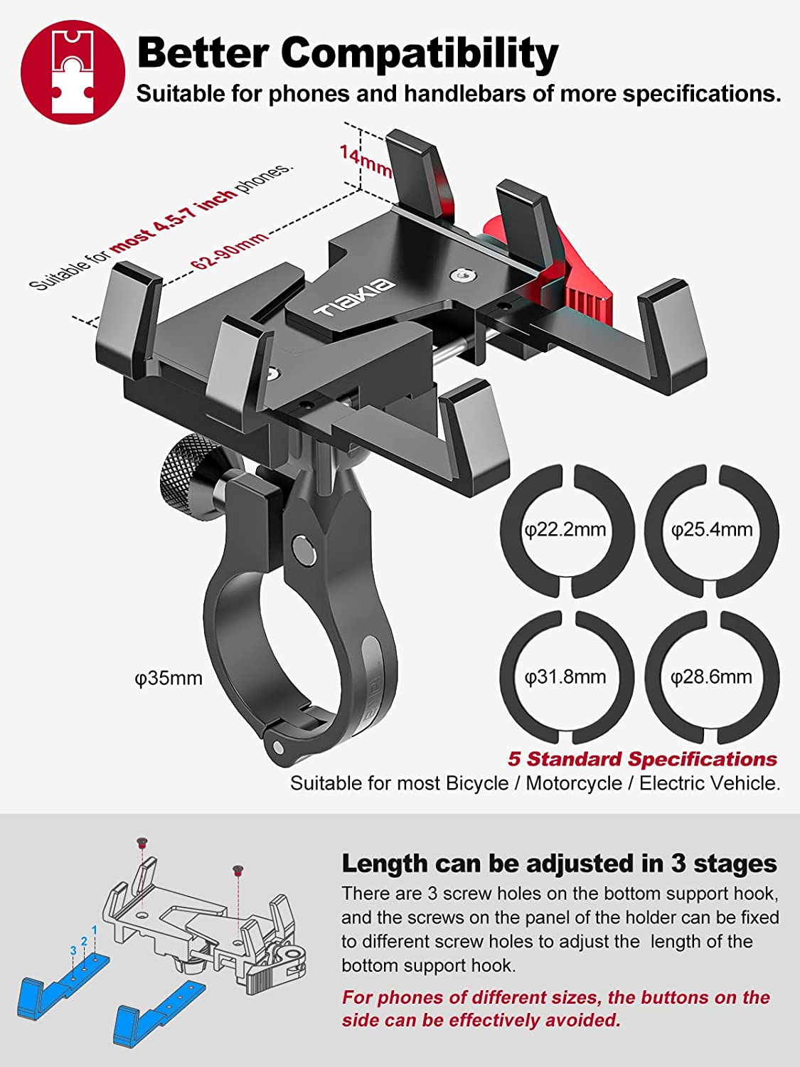 Tiakia Bike Phone Holder, Motorcycle Phone Mount, Bicycle 360&deg; Rotation Aluminum Golf Buggy Handlebar Clamp Holder for Bike, Camera Friendly One Hand Operation Cell Phone Holder for 4.5-7 Inch Phone - Black Red image number 2