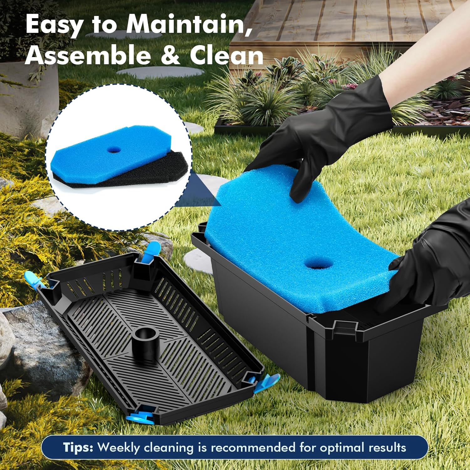 POPOSOAP Pond Filter for Outdoor Ponds, Filter Box with 2 Filter Pads and 20 Bio-Balls for Outdoor Pond Pump Submersible Fountain Pump image number 2