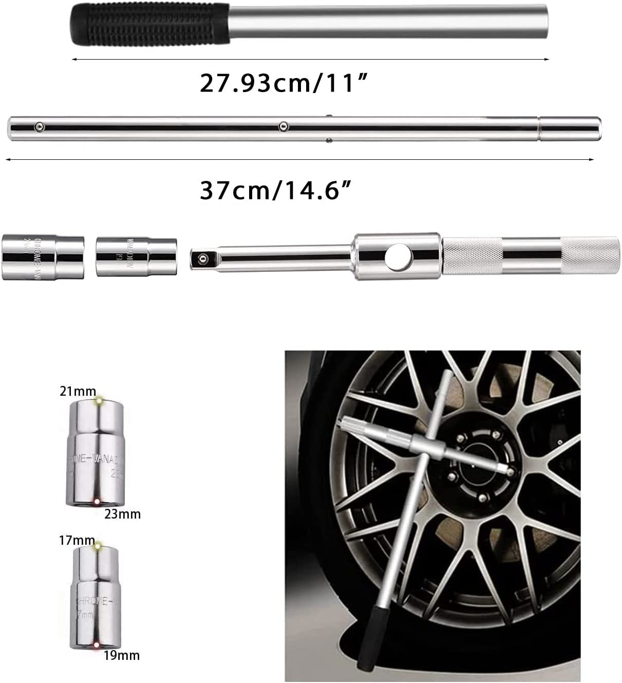 23" Universal Extended Telescoping Lug Wrench, 4 Way Tire Iron Nut Wrench Set with Storage Box and Standard Sockets(17Mm/19Mm/21Mm/23Mm), Wheel Wrench for Repair Car Vehicle Auto Tire Nut Wrench image number 4