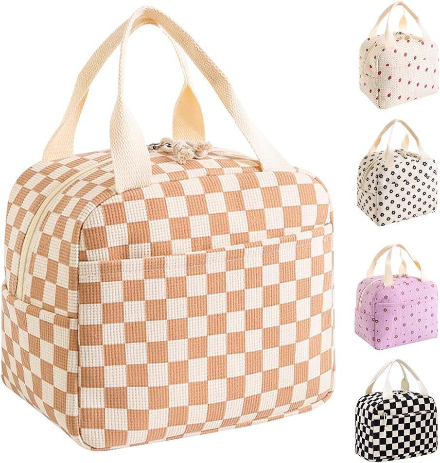 Insulated Lunch Bag for Kids & Adults, Reusable Corduroy Lunch Box Tote Bags, Leakproof Cooler Bag for Work Office Picnic School Travel BBQ, Large Capacity & Cute Design (Beige Strawberry)