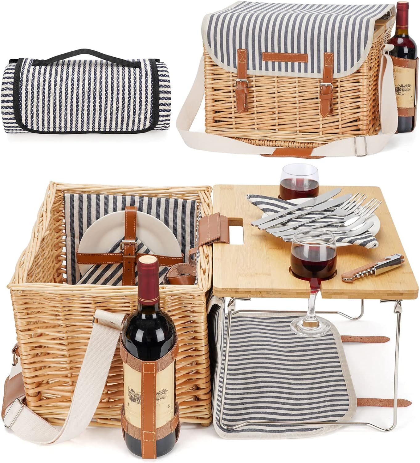 Wicker Picnic Basket for 2 with Detachable Table, Elasticated Wine Holder, Shoulder Carrying Willow Picnic Hamper Set with Premium Tableware & Blanket for Outdoor, Wedding, Anniversary, Birthday Gift image number 4