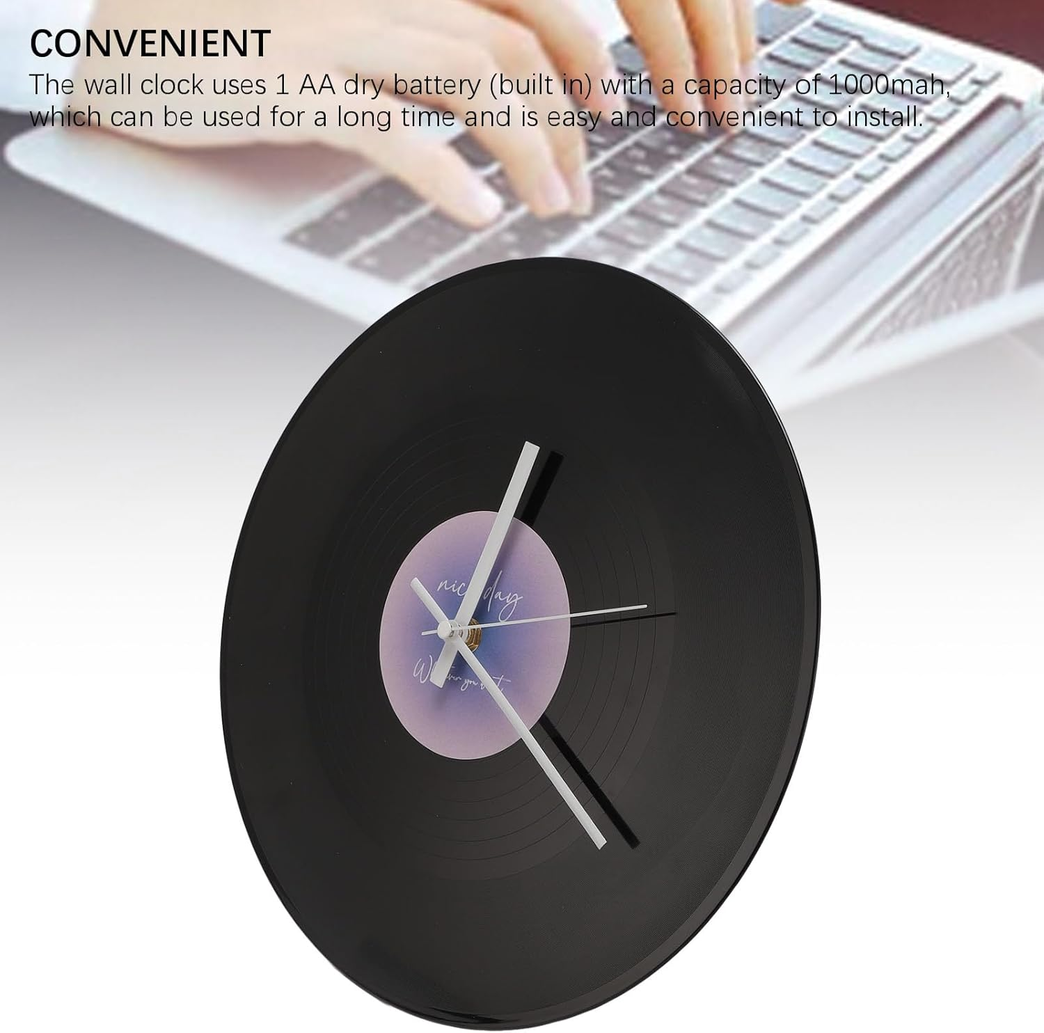 12 Inch Wall Clock, Vintage Record Wall Clock, Modern Battery Operated Wall Clocks, Built in Battery, Silent Non Ticking Wall Clock for Office, Home, Living Room, Bedroom (Purple) image number 1
