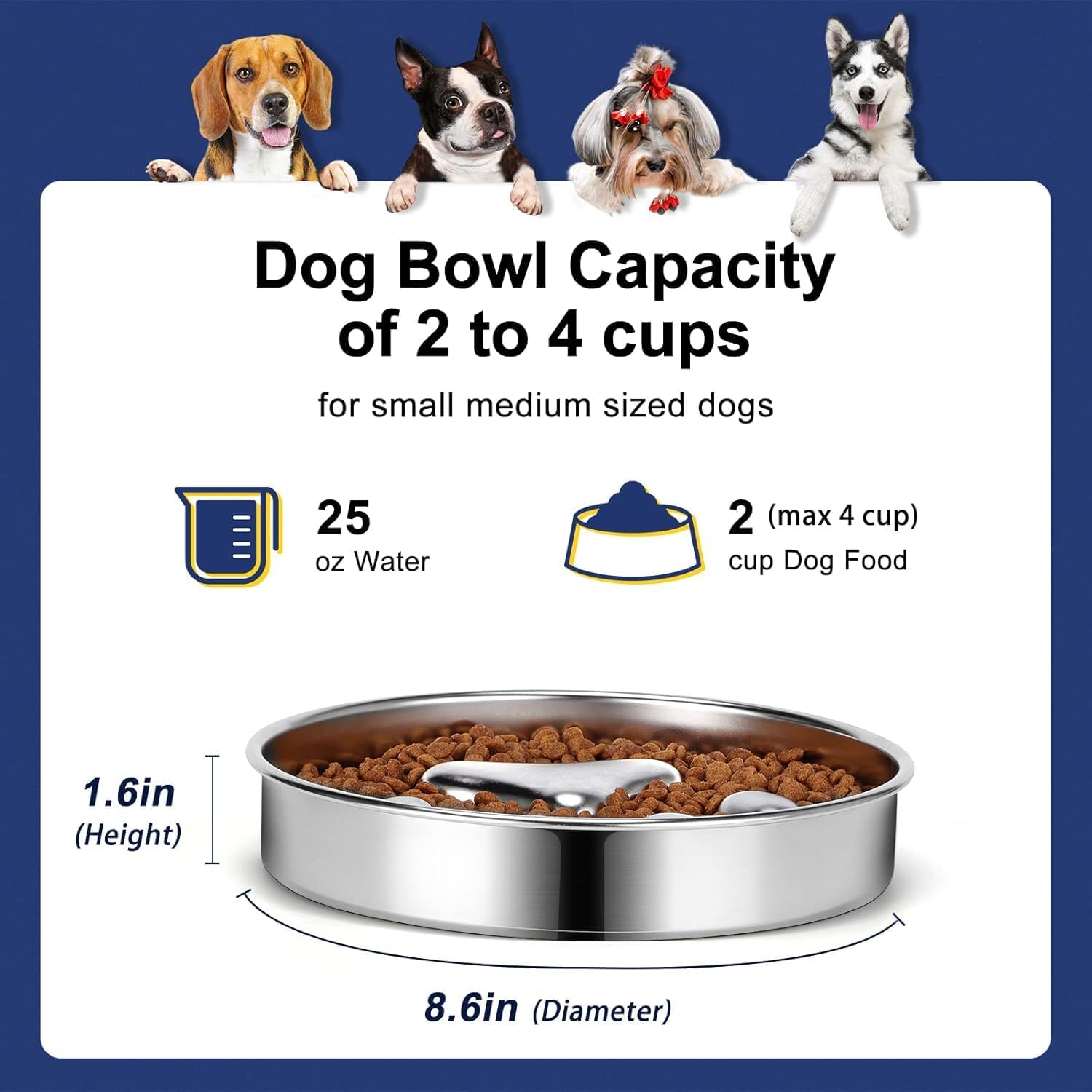 Aruie Slow Feeder Dog Bowls 304 Stainless Steel, 2 Cups Metal Food Bowls, Water Bowl for Small & Medium Sized Dogs, Fun Bloat Stop Pet Fast Eaters image number 4