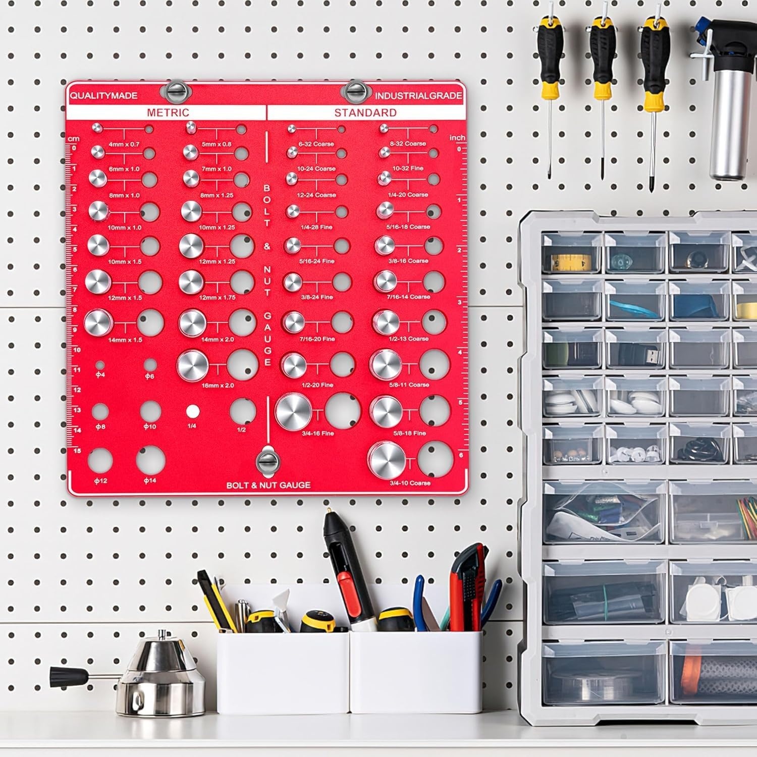 34 Nut and Bolt Thread Checker, Bolt and Nut Identifier Gauge Thread Checker Standard and Metric Board Wall Mount Screw Size and Thread Gauge Square image number 4