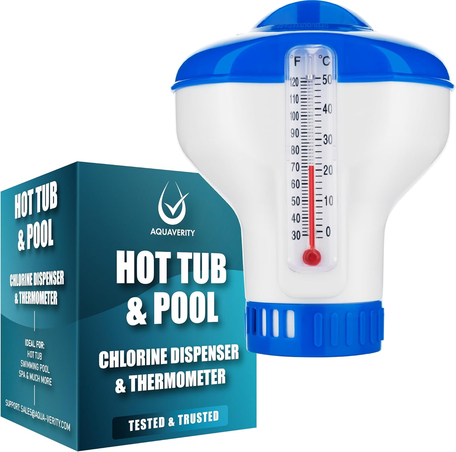 Chlorine Dispenser for Hot Tub with Built-In Thermometer &ndash; Floating Chlorine Dispenser for Hot Tubs, Pools, and Spas &ndash; Adjustable Flow Control, Durable Design image number 1