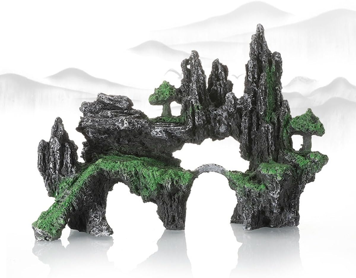 AIMALL Realistic Aquarium Landscape Decoration, Moss-Covered Rock Cave Mountain Tree, Fish Tank Stone Ornament, Dimensions: 9.05In X 6.29In X 3.15In image number 1