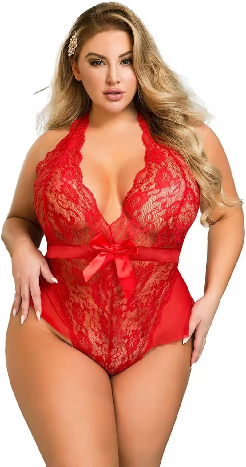 Ohmydear Women'S Lace Bodysuit plus Size Teddy Lingerie Set Sexy Babydoll Nightwear Deep V Neck Halter Negligee Outfit Clubwear Leotard Top Size 8-22