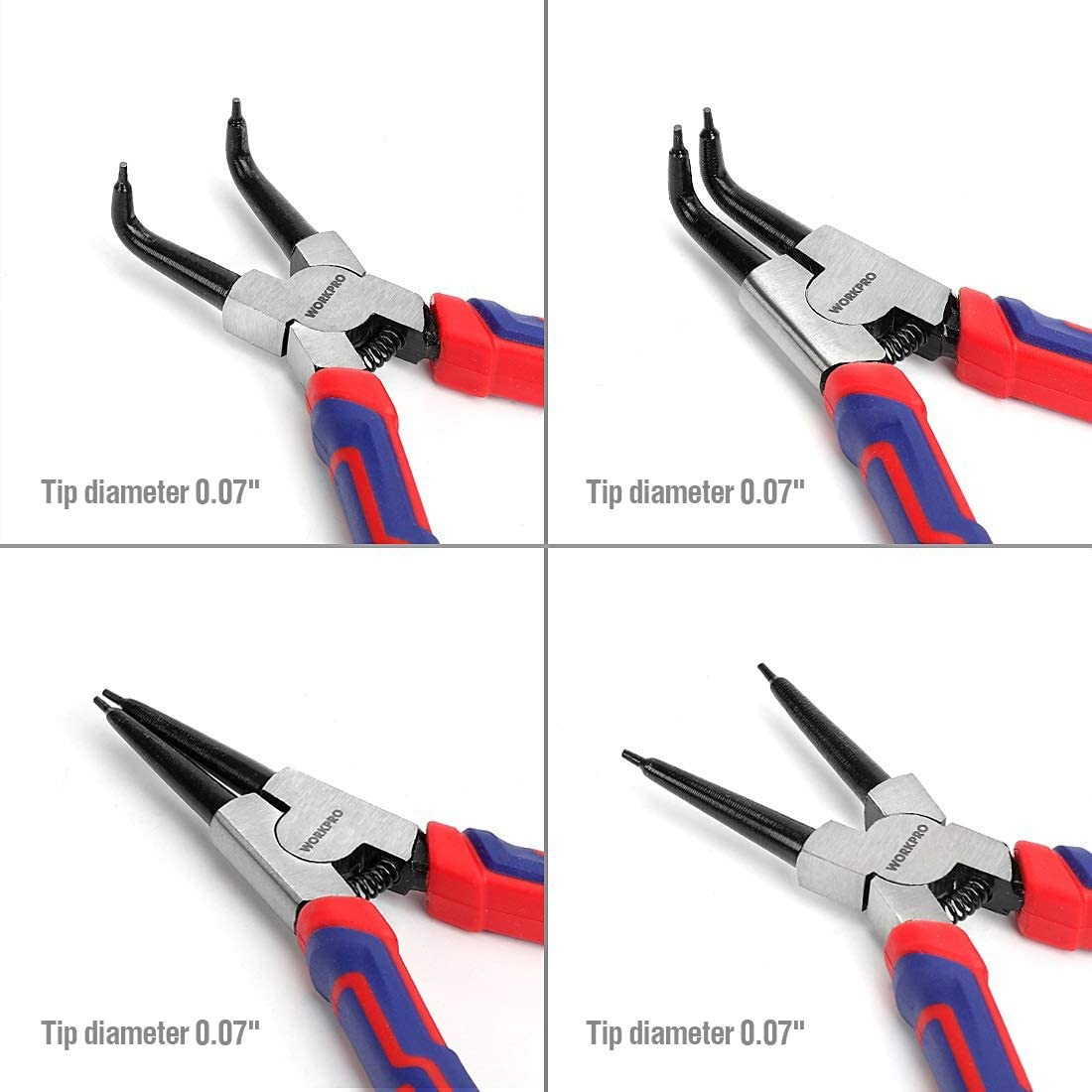 WORKPRO 4-Piece Snap Ring Pliers Set - Heavy Duty 7-Inch Internal/External Circlip Pliers Kit (Tip Diameter 5/64'')-Straight/Bent Jaw - Cr-V Steel - for Ring Remover Retaining- Storage Pouch Included image number 1