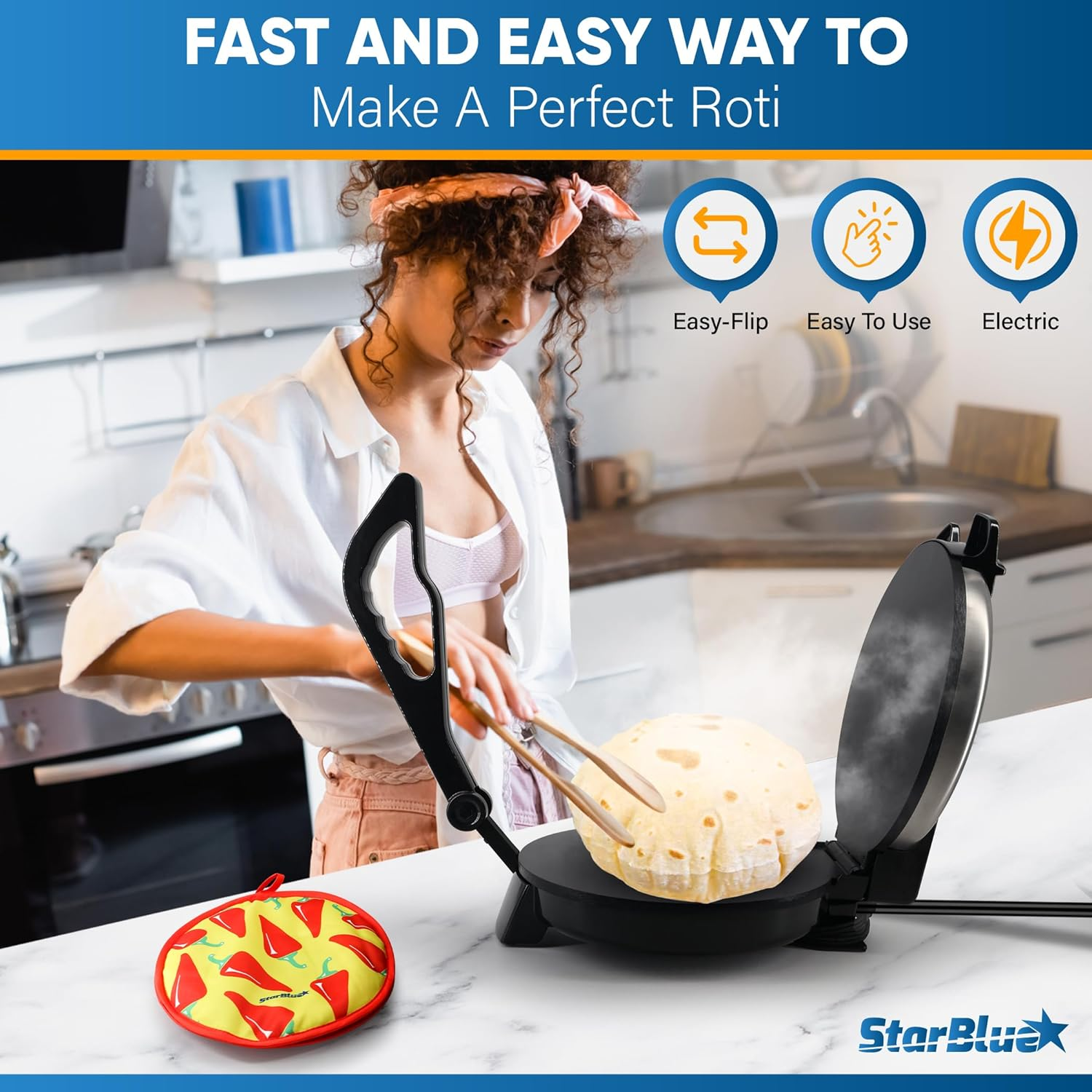 Starblue 25.4Cm Roti Maker Machine with Free Roti Heater and Removable Handle - Indian Chapati, Tortilla, Roti AC220-240V 50/60Hz 1200W, UK Plug with AU Adaptor image number 5
