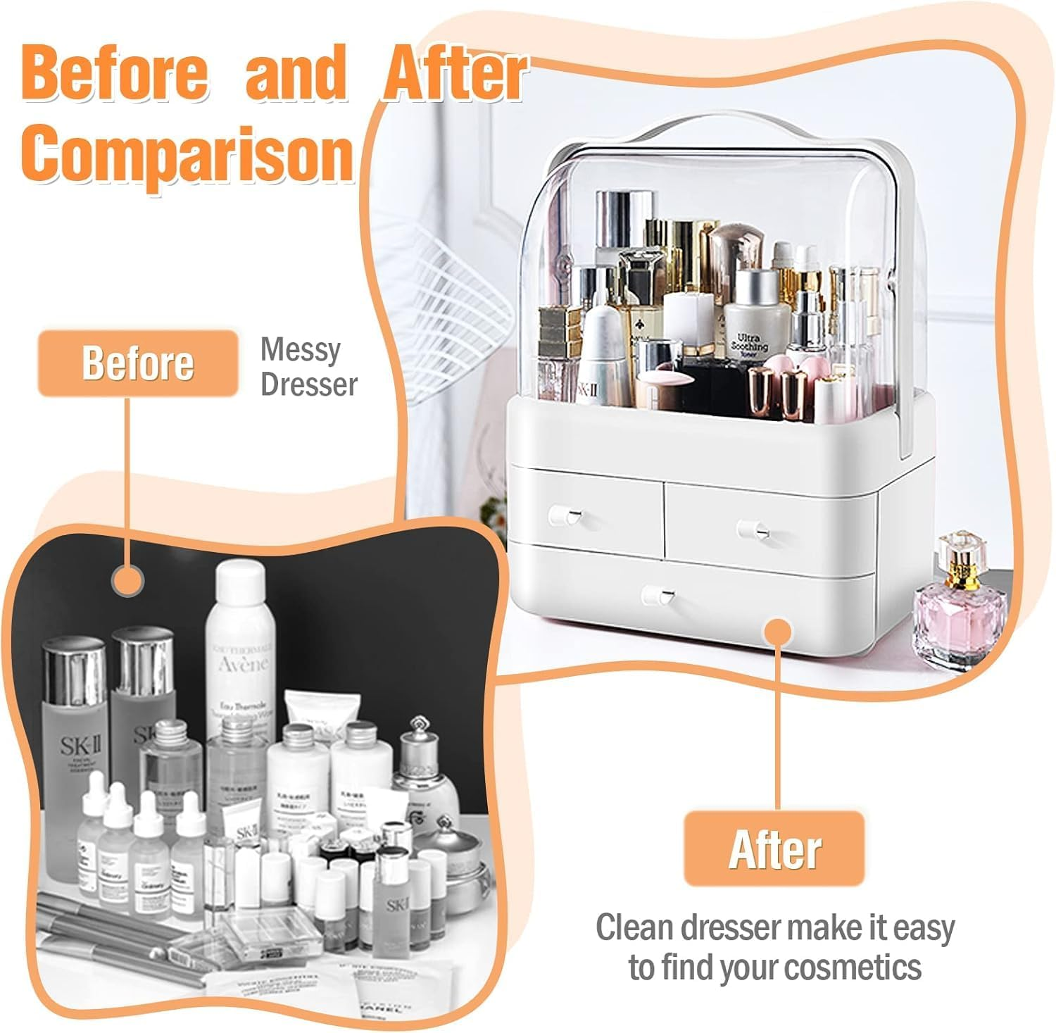 Makeup Organizer for Vanity, Make up Organizers and Storage, Cosmetics Skincare Organizers with Lid and Drawers, Dust Proof Drawers,Great for Bathroom Countertop Bedroom Dresser image number 5