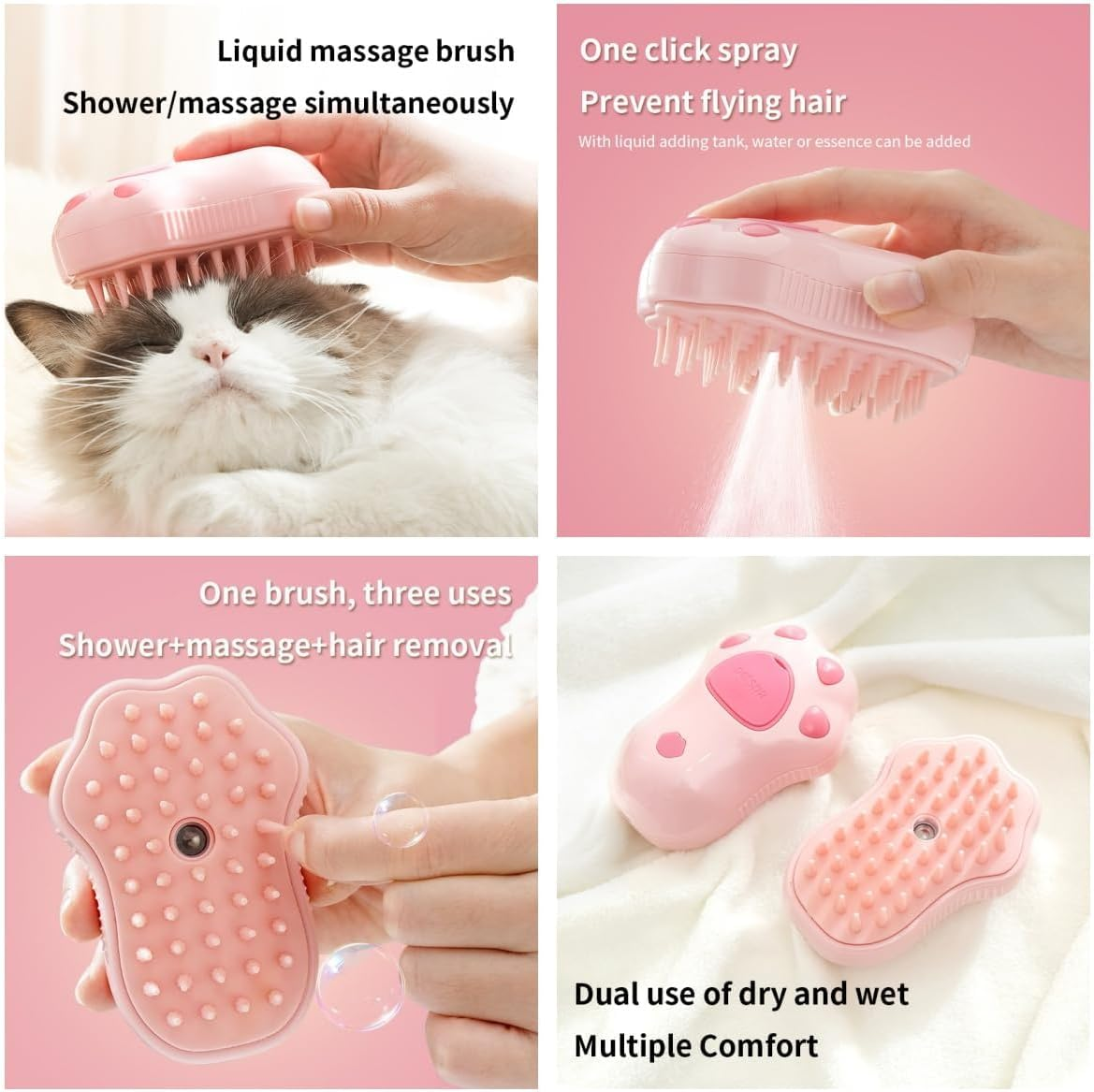 3-In-1 Steam Brush for Cats and Dogs &ndash; Upgraded Self-Cleaning Pet Grooming Brush with Silicone Bristles, Fine Mist Spray, and Massage Function for Shedding and Detangling Fur (Pink) image number 3